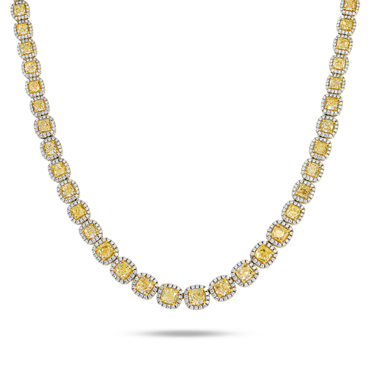 18K Two Tone Round & Cushion Cut Fancy Yellow Diamond Chain 49.52ct