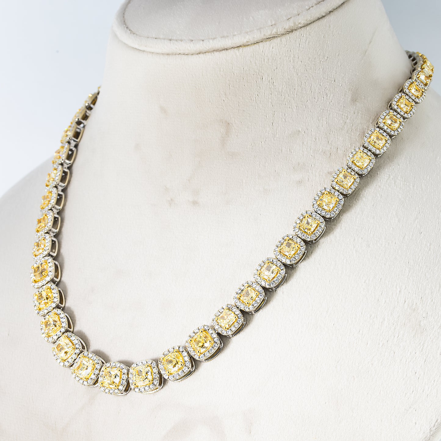 18K Two Tone Round & Cushion Cut Fancy Yellow Diamond Chain 49.52ct