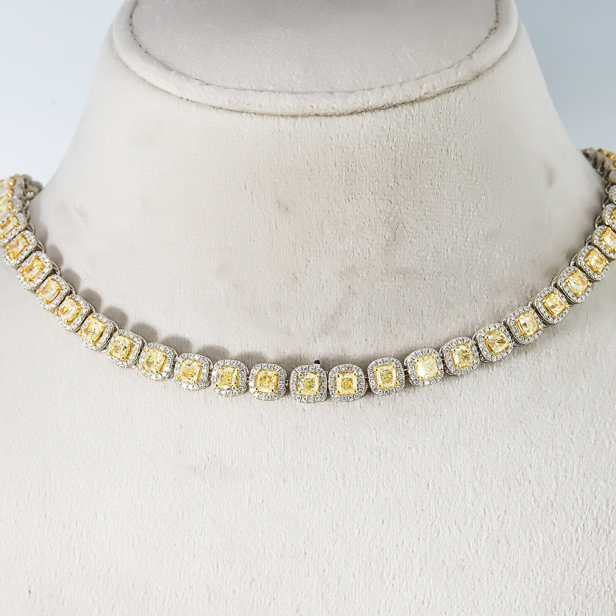 18K Two Tone Round & Cushion Cut Fancy Yellow Diamond Chain 49.52Ct Chains