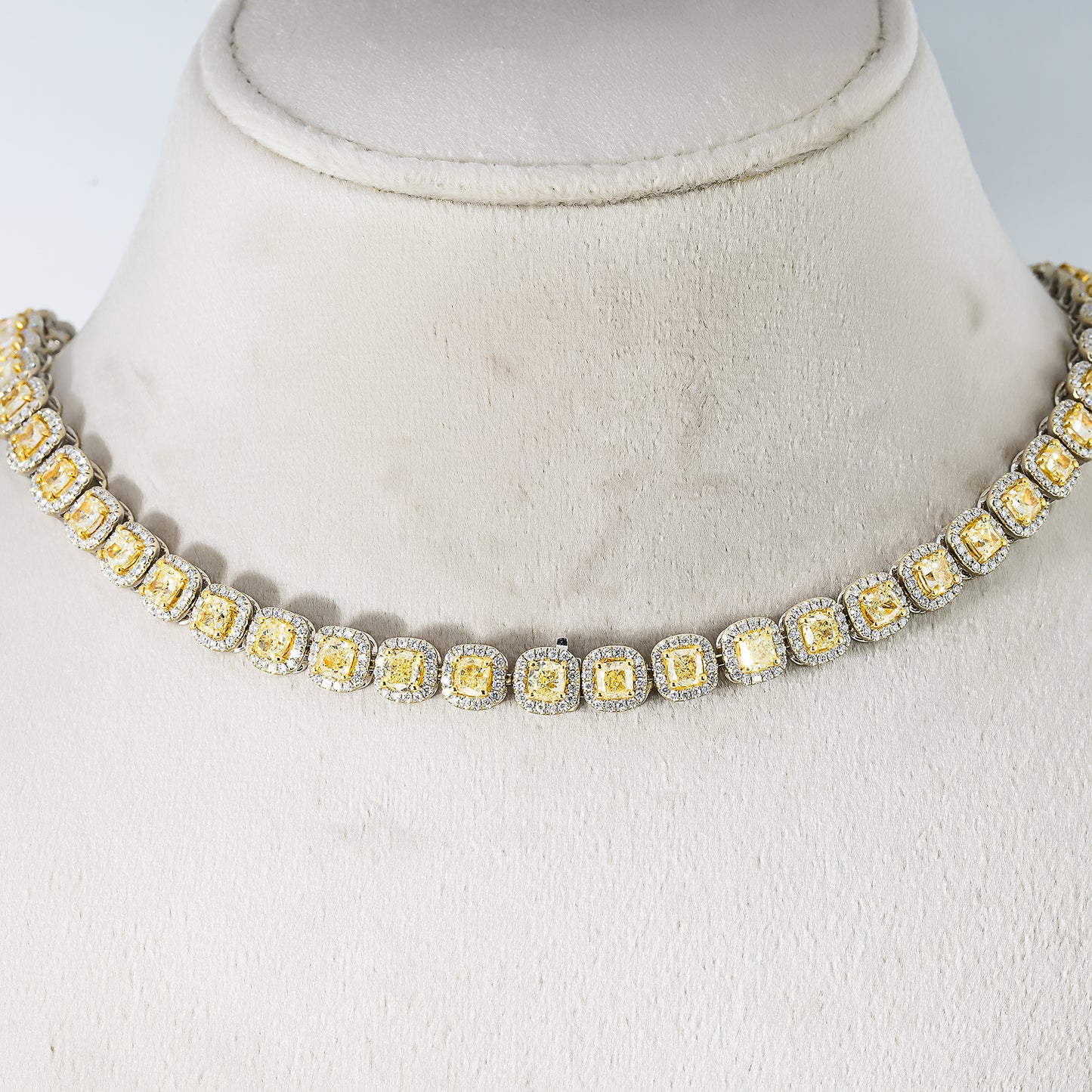 18K Two Tone Round & Cushion Cut Fancy Yellow Diamond Chain 49.52ct