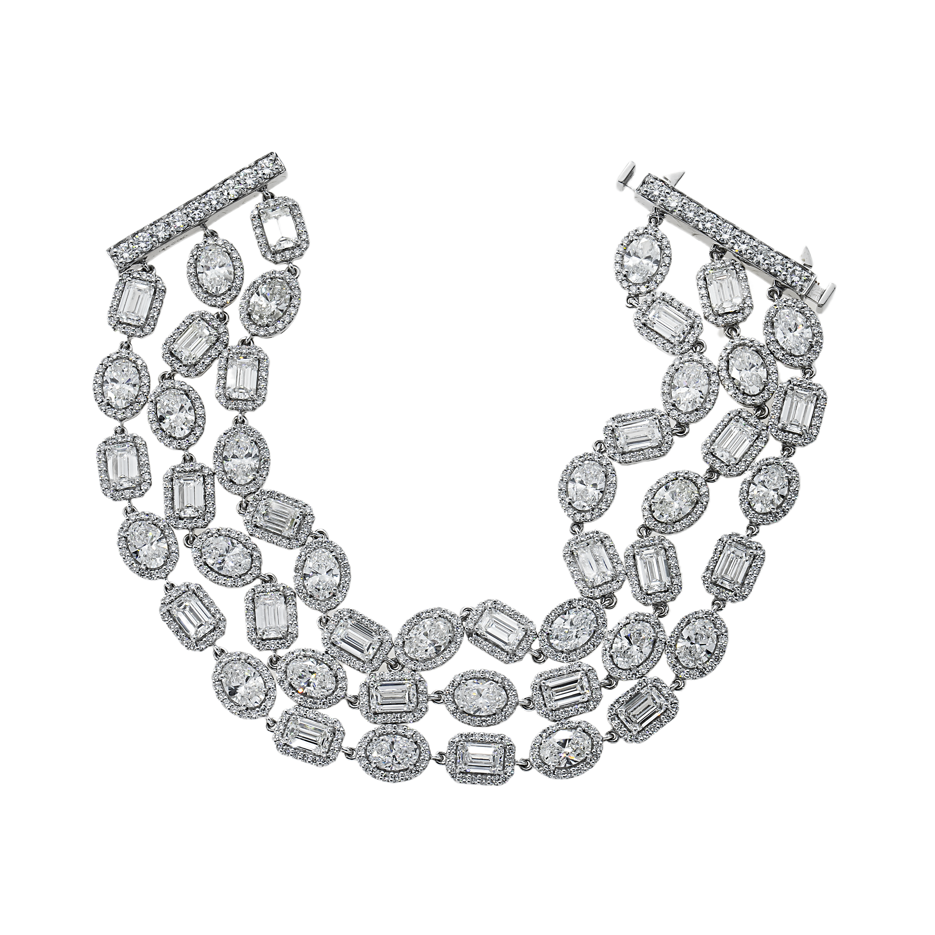 14K White Gold Triple Row Emerald Oval & Round Cut Diamond Bracelet 31.47Ct Bracelets