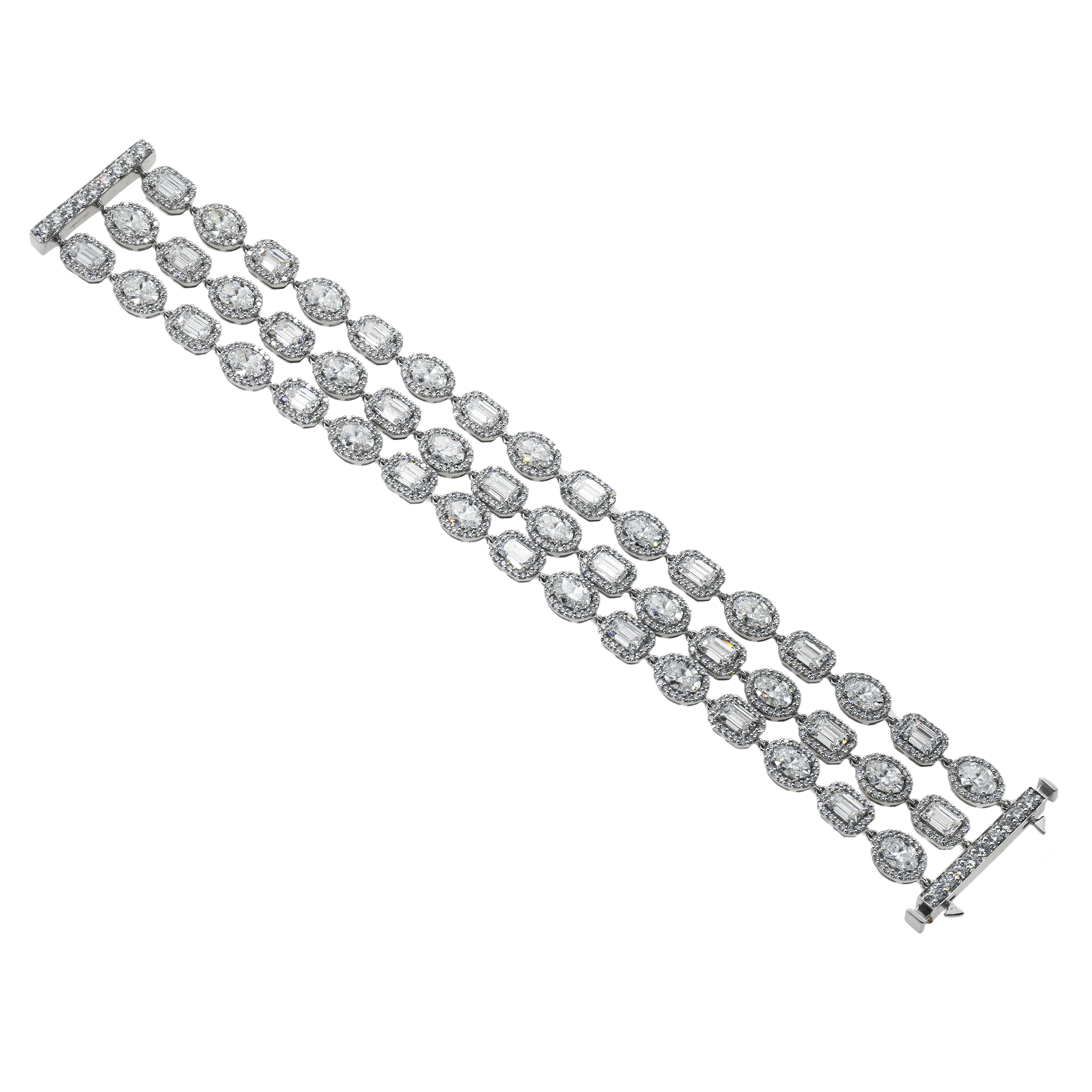 14K White Gold Triple Row Emerald Oval & Round Cut Diamond Bracelet 31.47Ct Bracelets