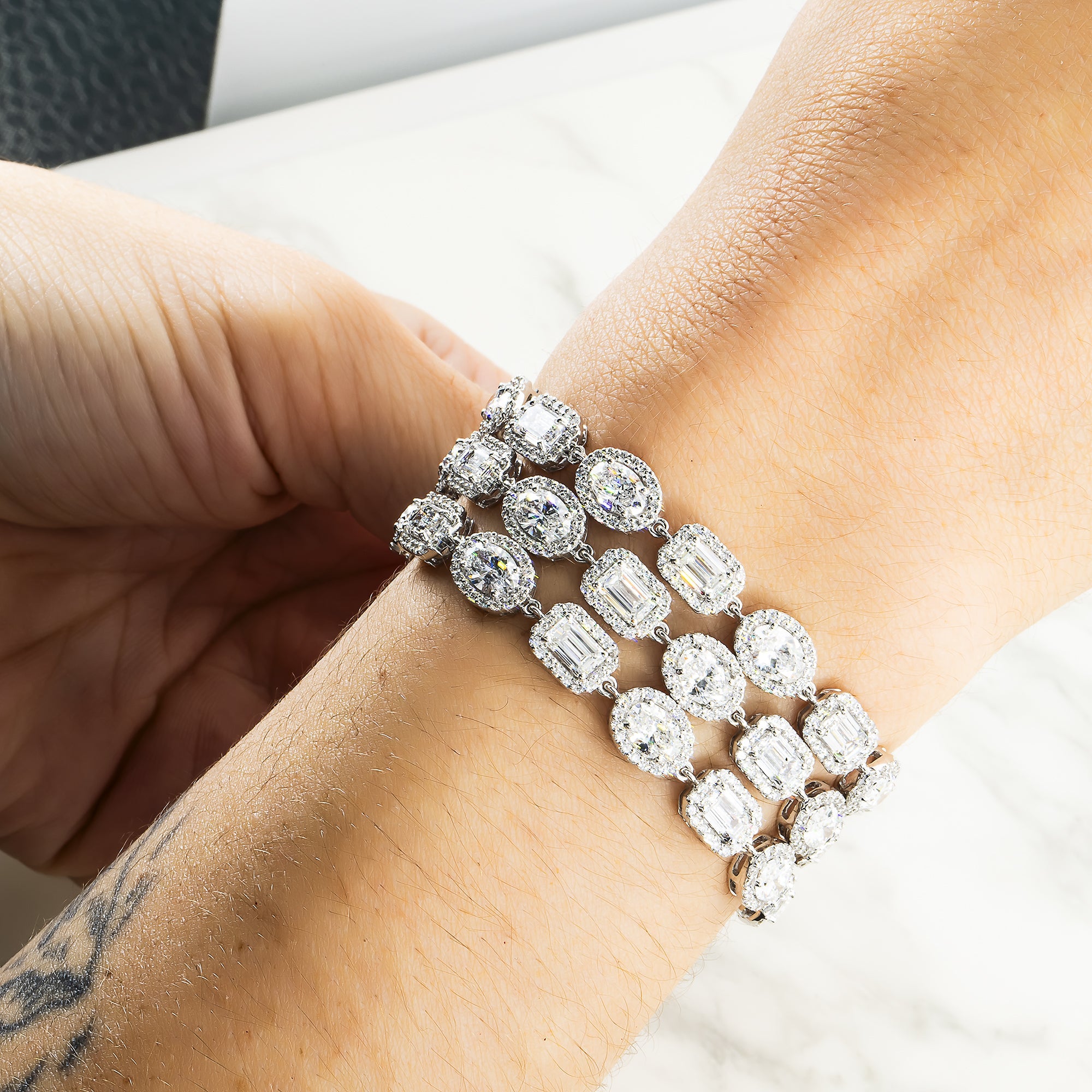 14K White Gold Triple Row Emerald Oval & Round Cut Diamond Bracelet 31.47Ct Bracelets