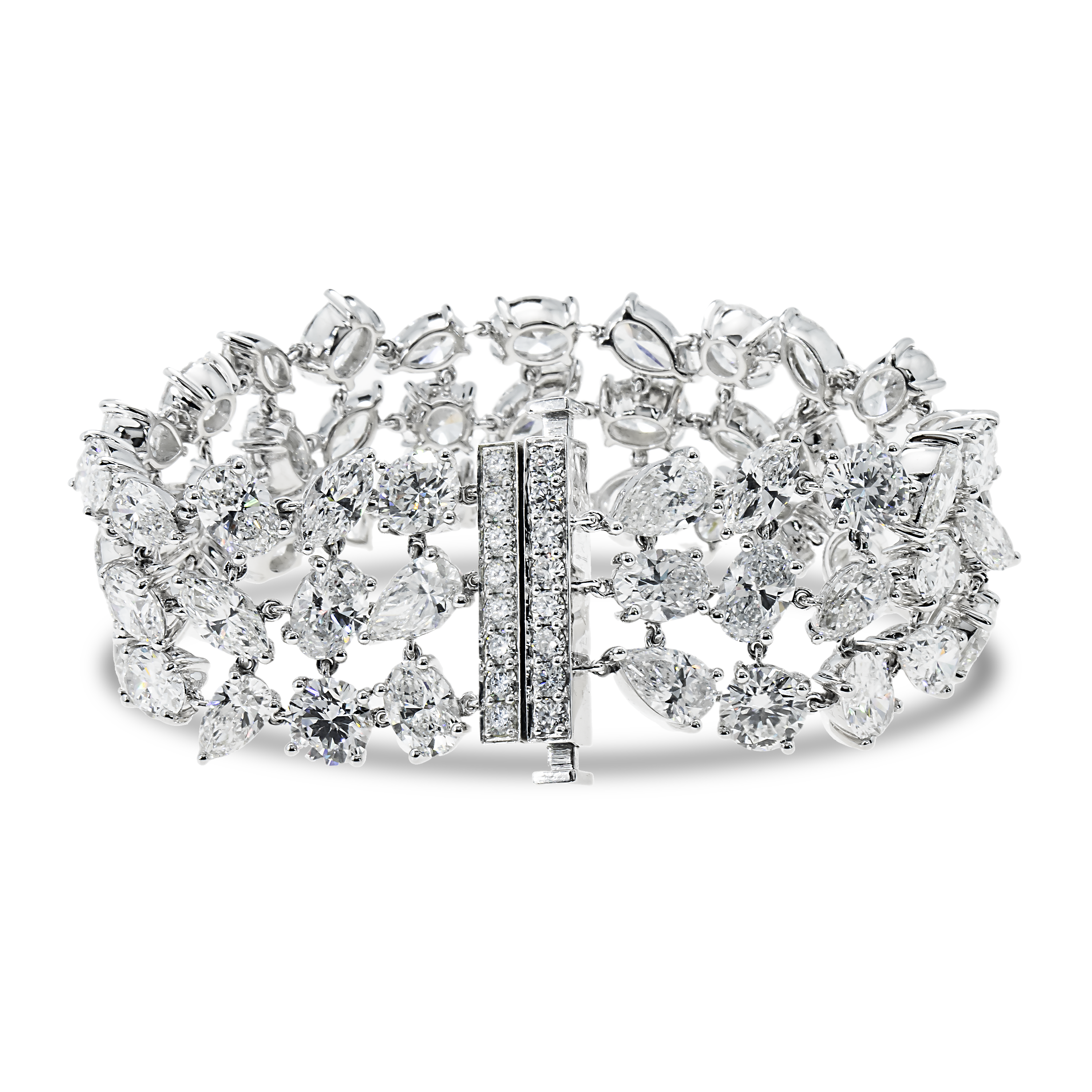 14K White Gold Triple Row Multi Cut Diamond Bracelet 55.86Ct Bracelets