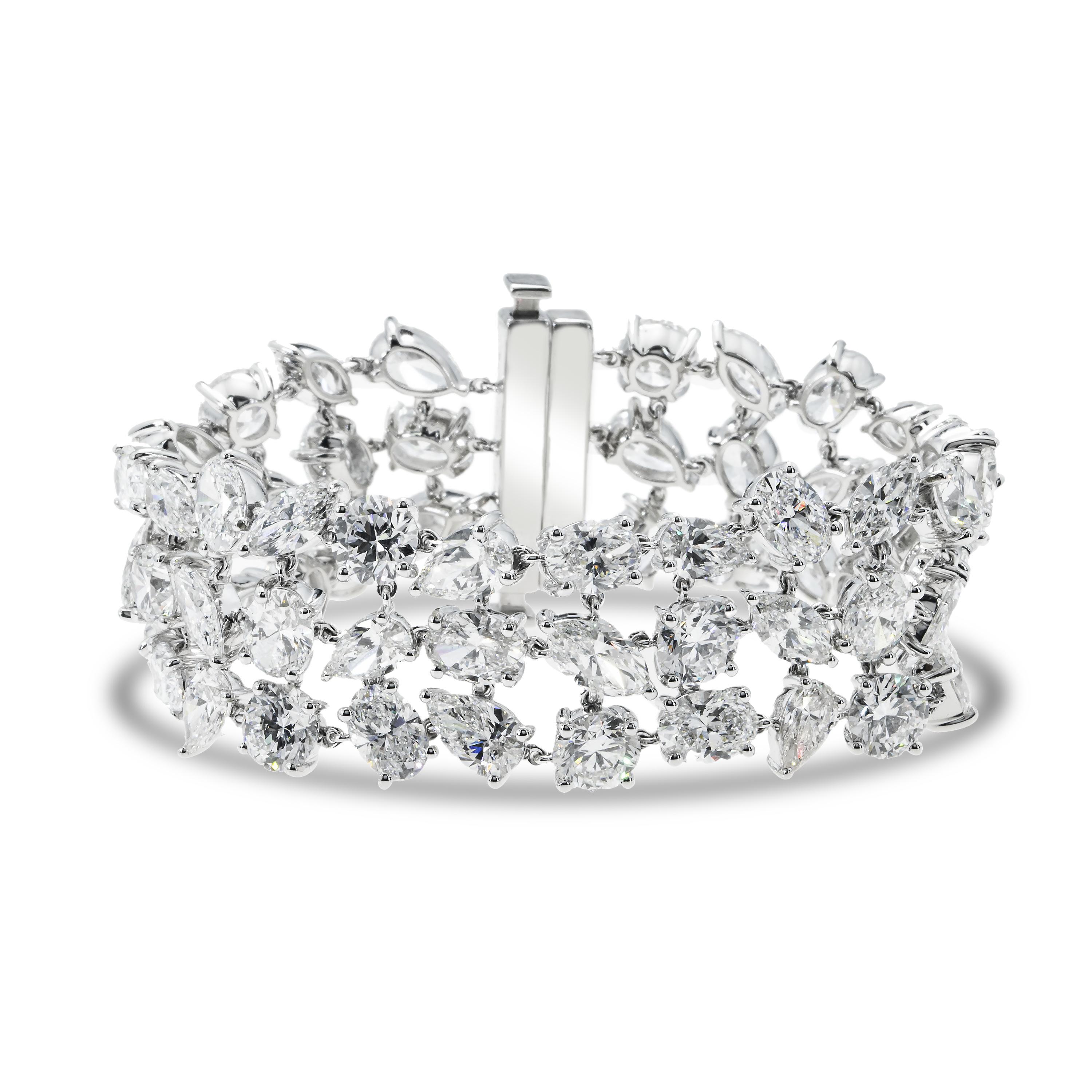 14K White Gold Triple Row Multi Cut Diamond Bracelet 55.86Ct Bracelets