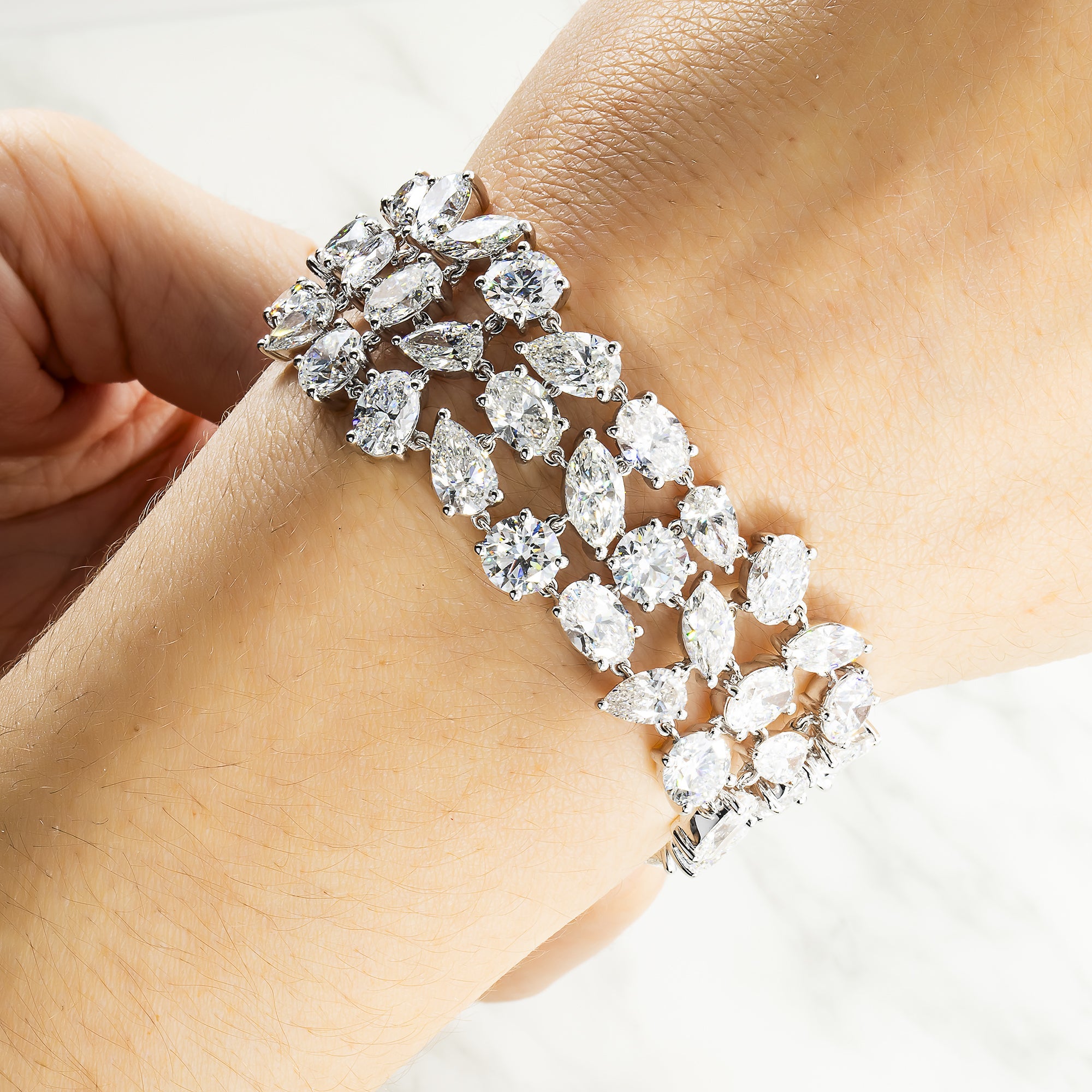 14K White Gold Triple Row Multi Cut Diamond Bracelet 55.86Ct Bracelets