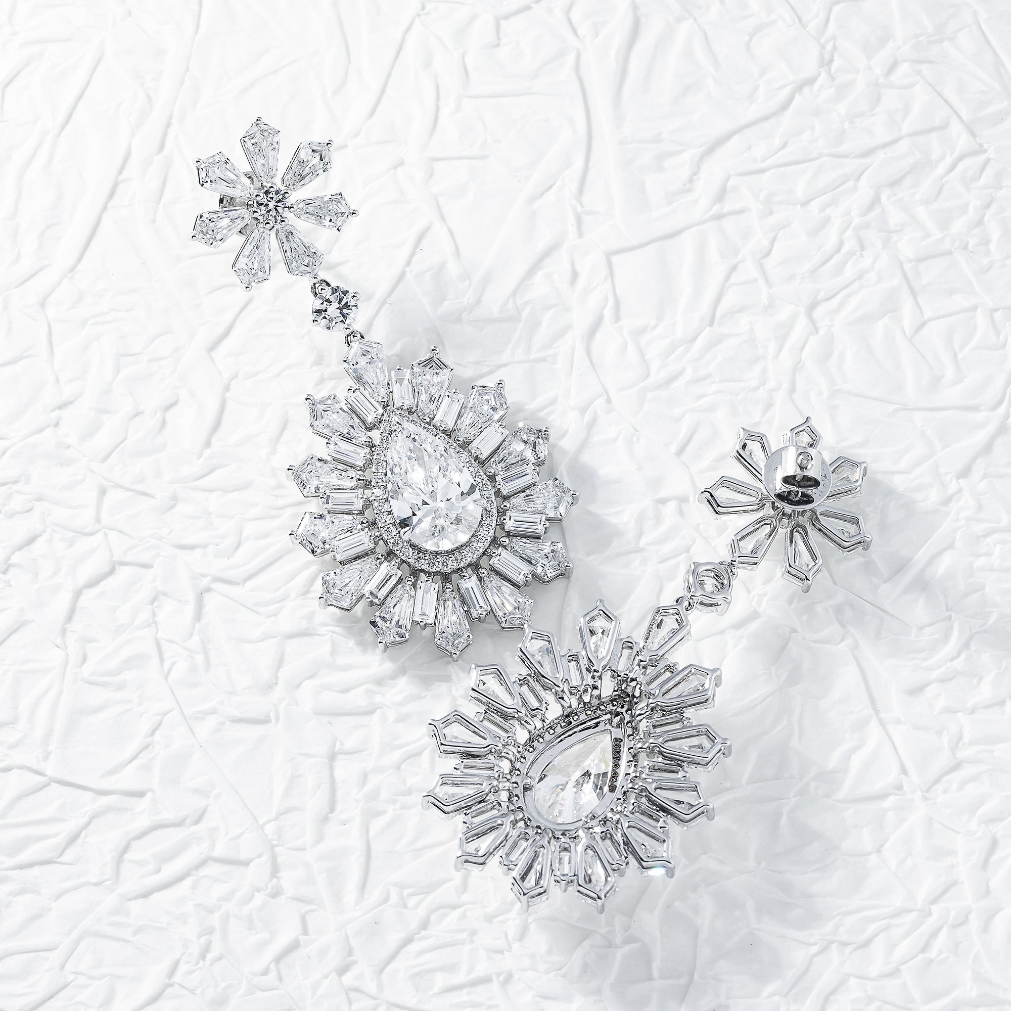 14K White Gold Multi Cut Diamond Goddess Drop Earrings 27.64Ct