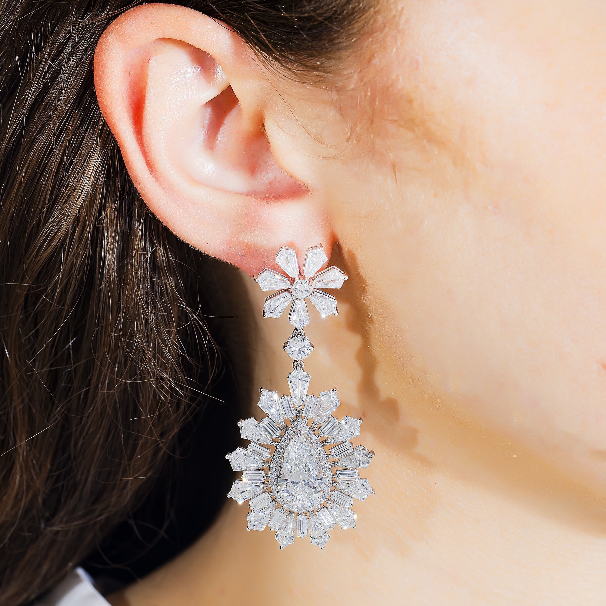 14K White Gold Multi Cut Diamond Goddess Drop Earrings 27.64Ct