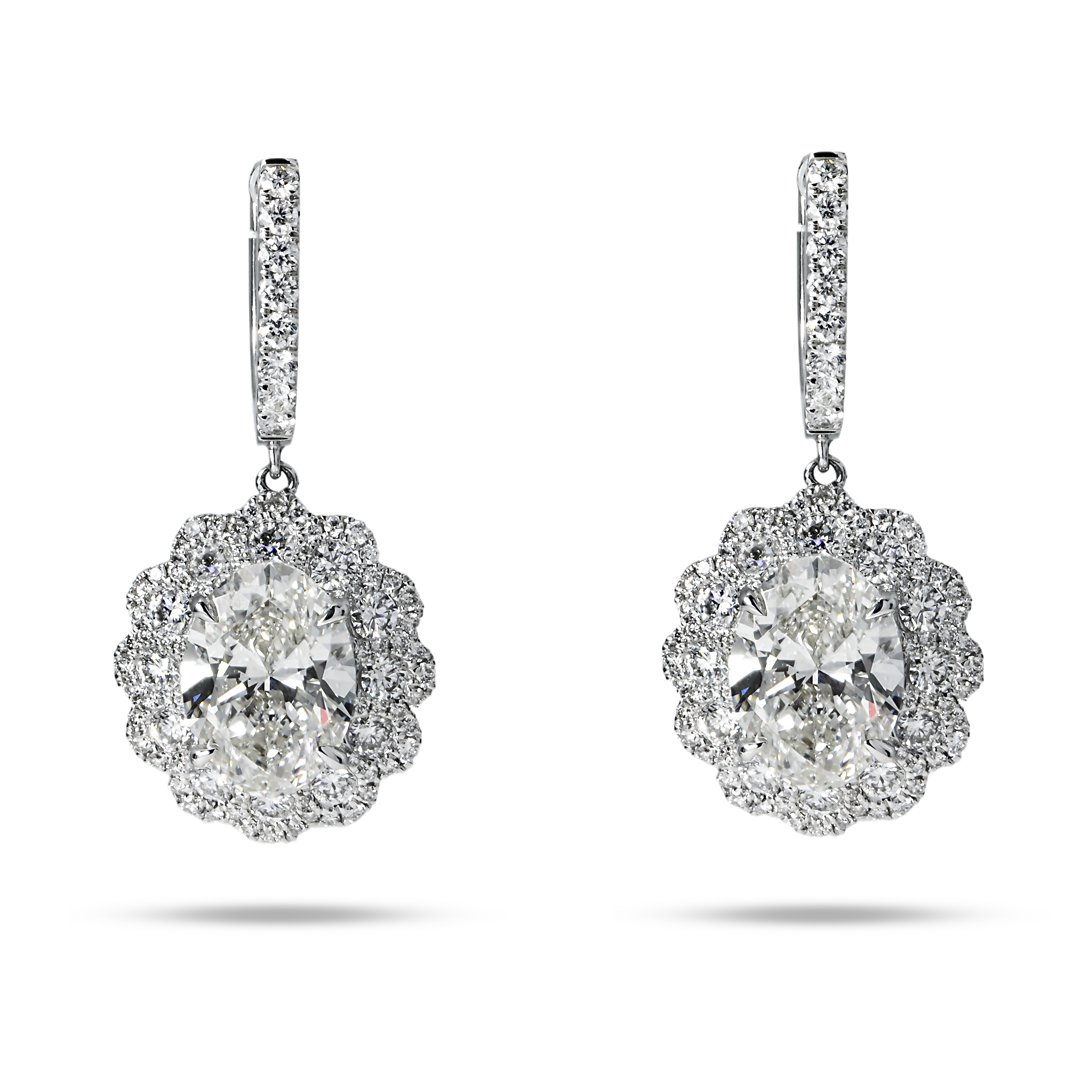 18K White Gold Oval Cut Diamond Drop Earrings W/ Round Halo 8.27Ctw