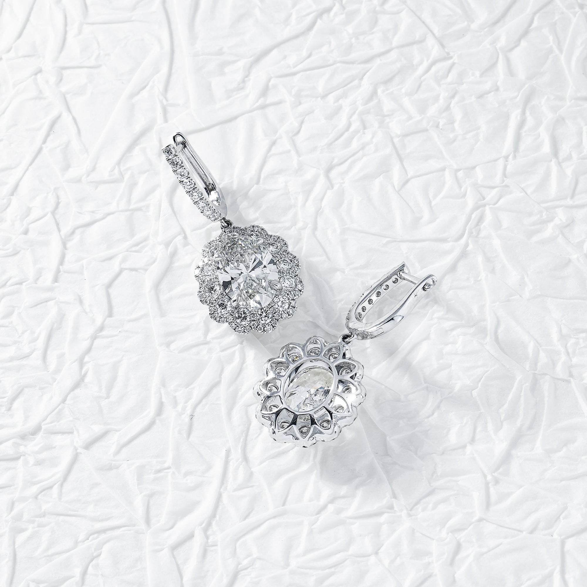 18K White Gold Oval Cut Diamond Drop Earrings W/ Round Halo 8.27Ctw