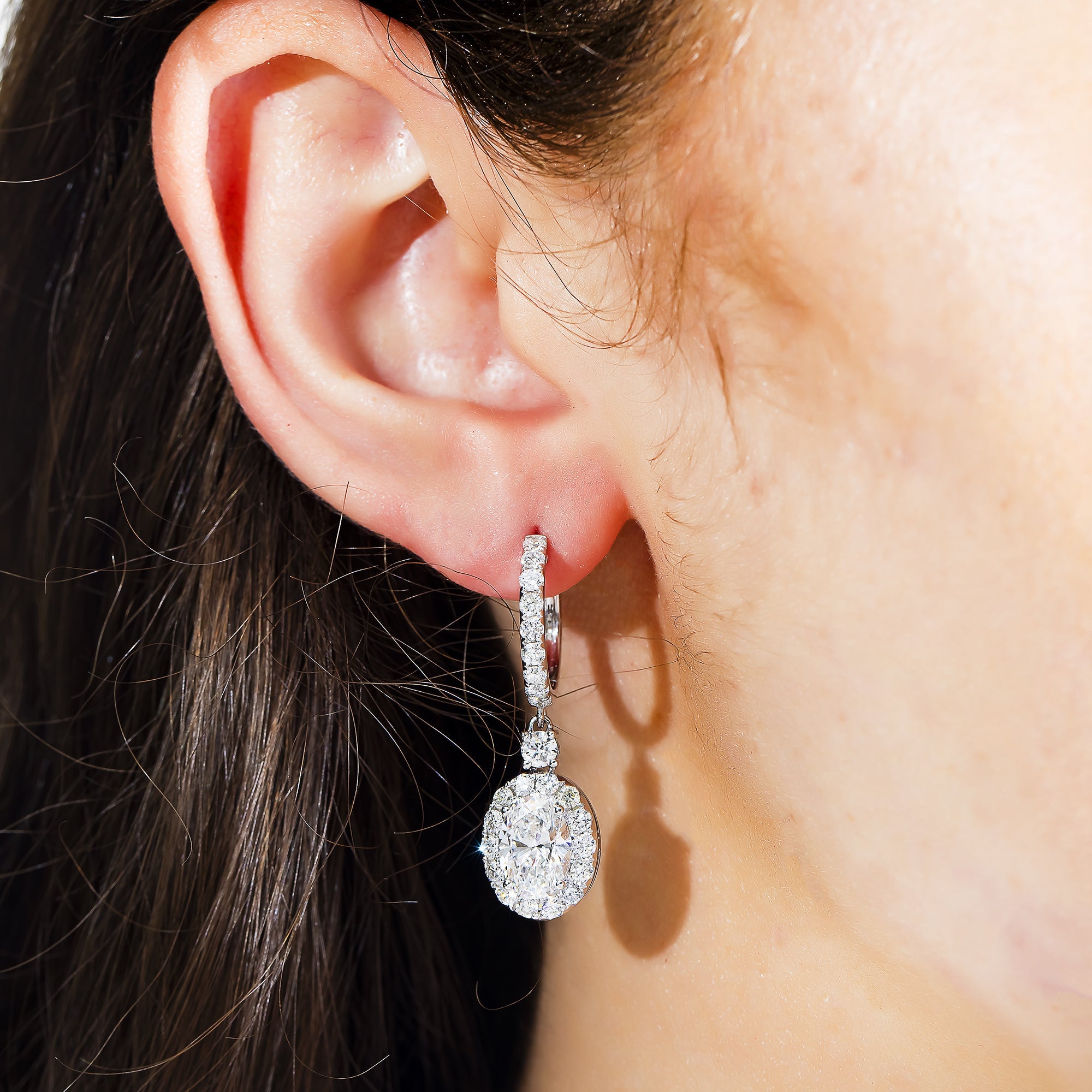 18K White Gold Oval Cut Diamond Drop Earring W/ Round Halo 5.14Ctw Earrings