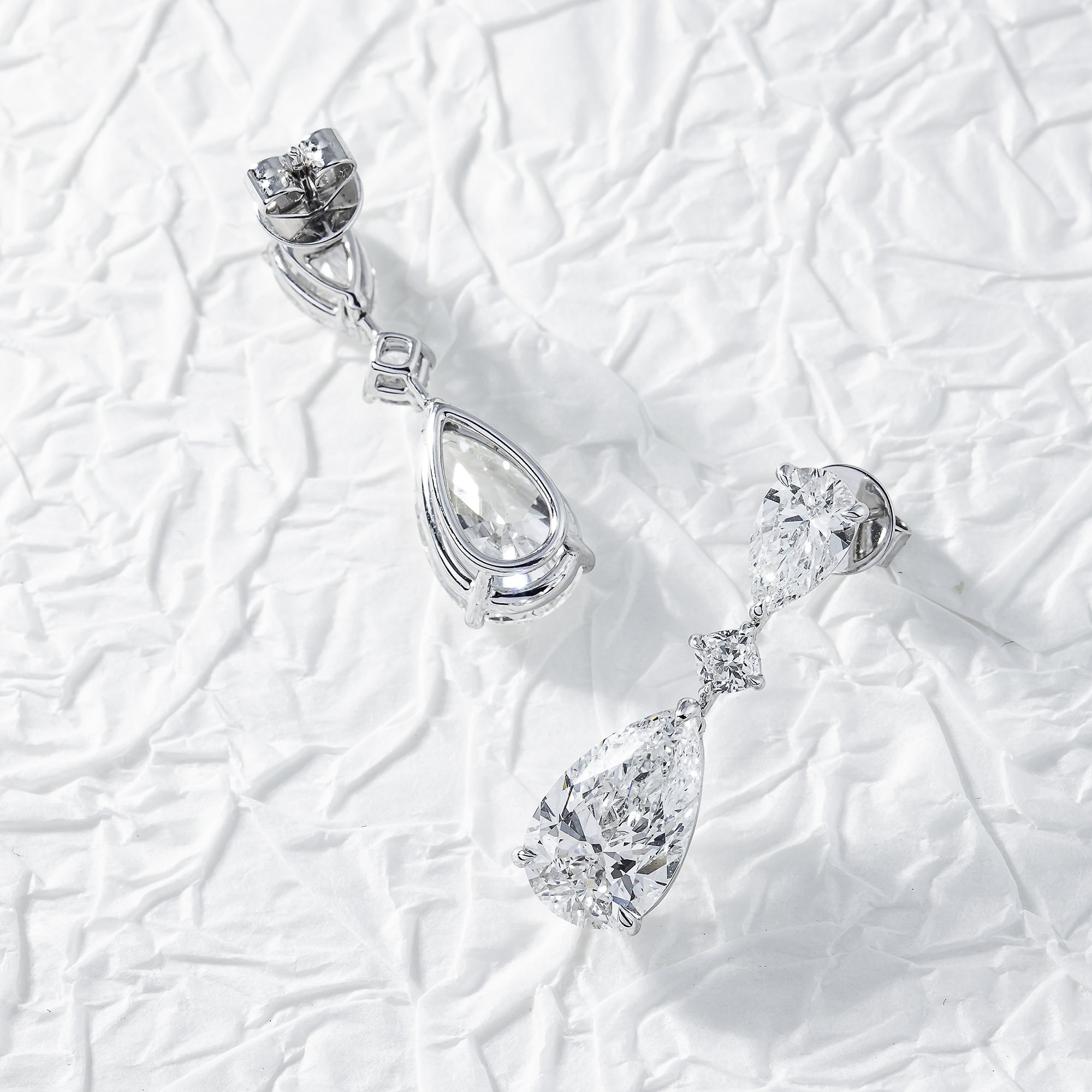 18K White Gold Pear Cut Diamond Rose Bud Drop Earrings 10.56Ct