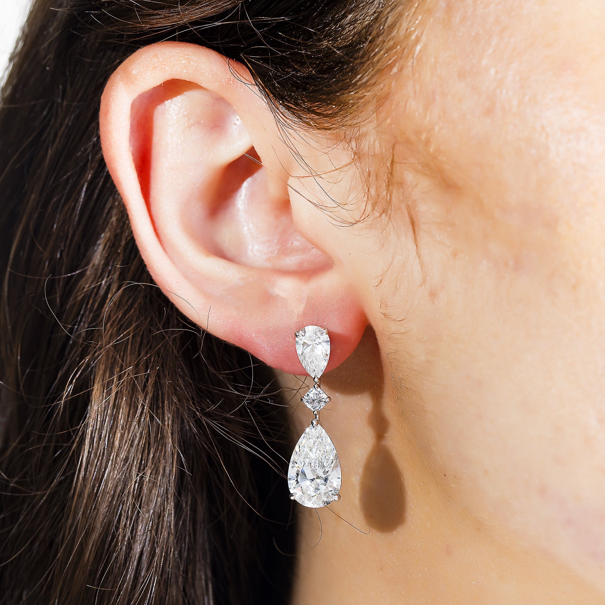 18K White Gold Pear Cut Diamond Rose Bud Drop Earrings 10.56Ct