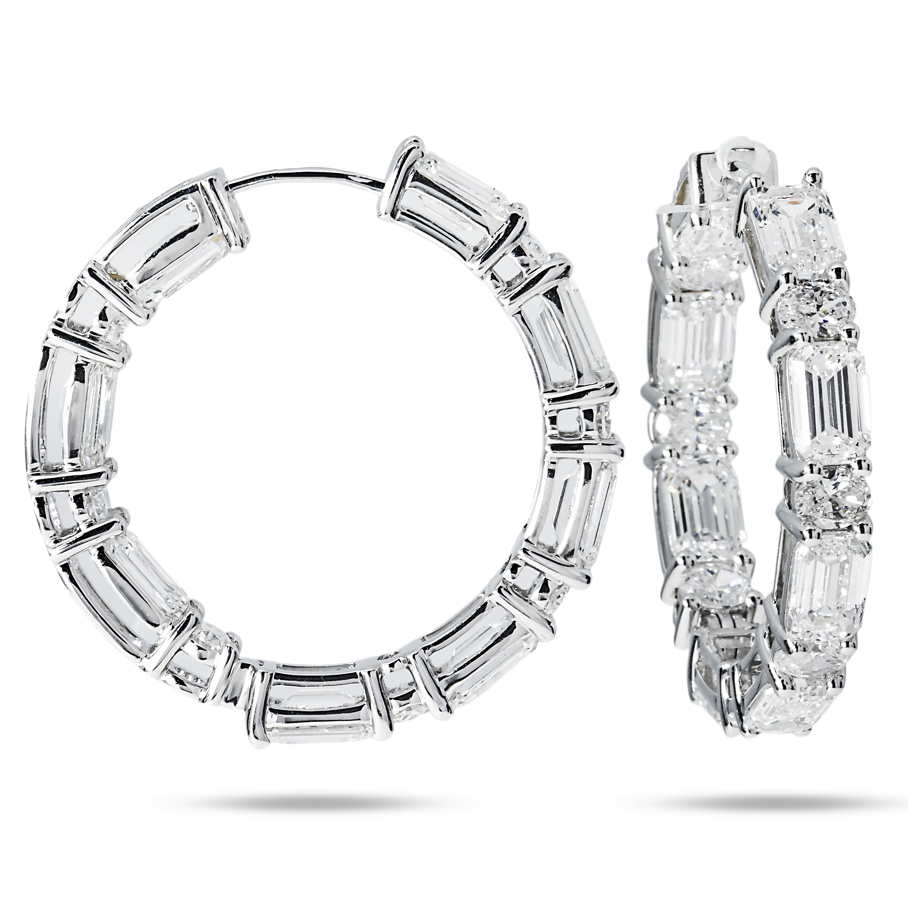 14K White Gold Round & Emerald Cut Diamond Inside Out Hoop Earrings 12.05Ct