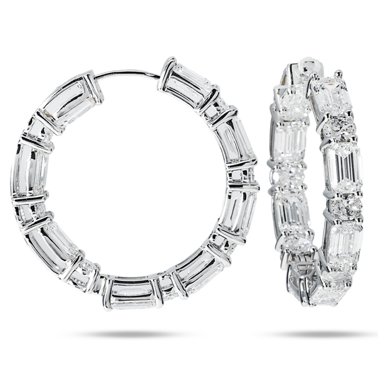 14K White Gold Round & Emerald Cut Diamond Inside Out Hoop Earrings 12.05Ct
