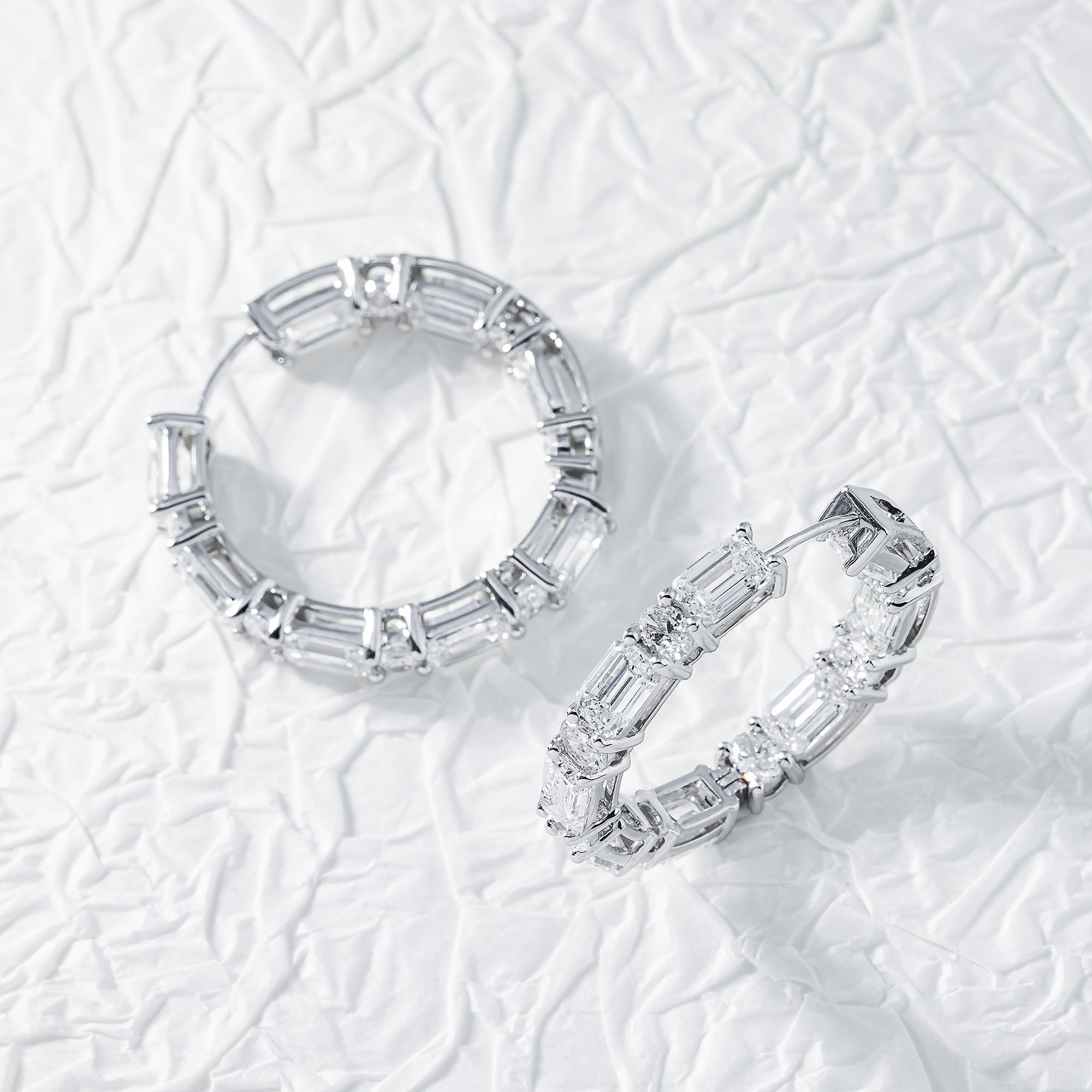 14K White Gold Round & Emerald Cut Diamond Inside Out Hoop Earrings 12.05Ct