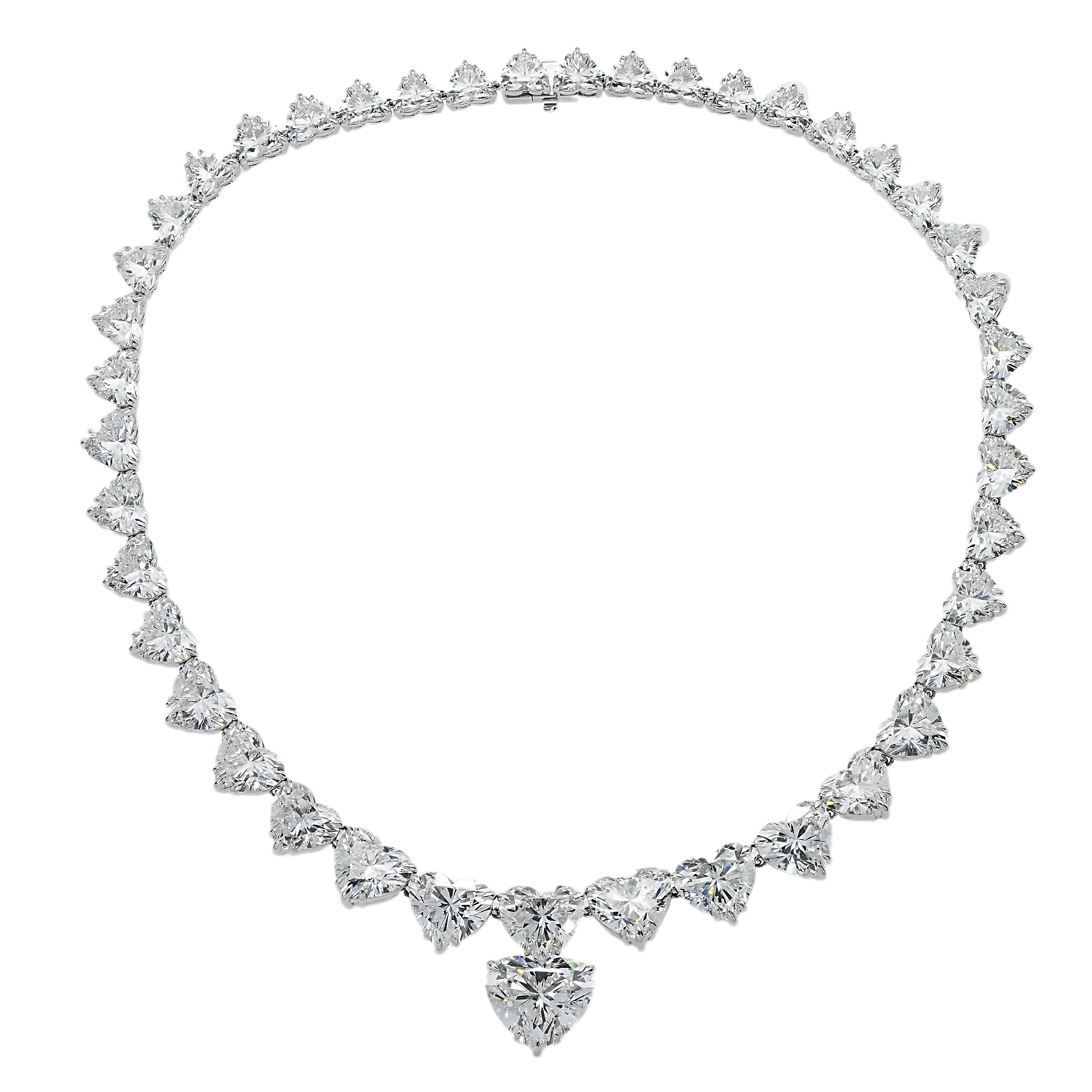18K White Gold Graduated Full Heart Cut Diamond Drop Necklace 102.30Ct Necklace