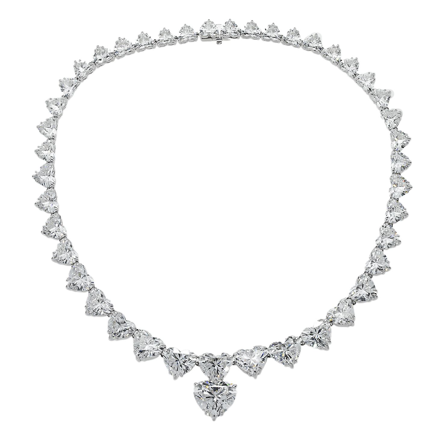 18K White Gold Graduated Full Heart Cut Diamond Drop Necklace 102.30ct