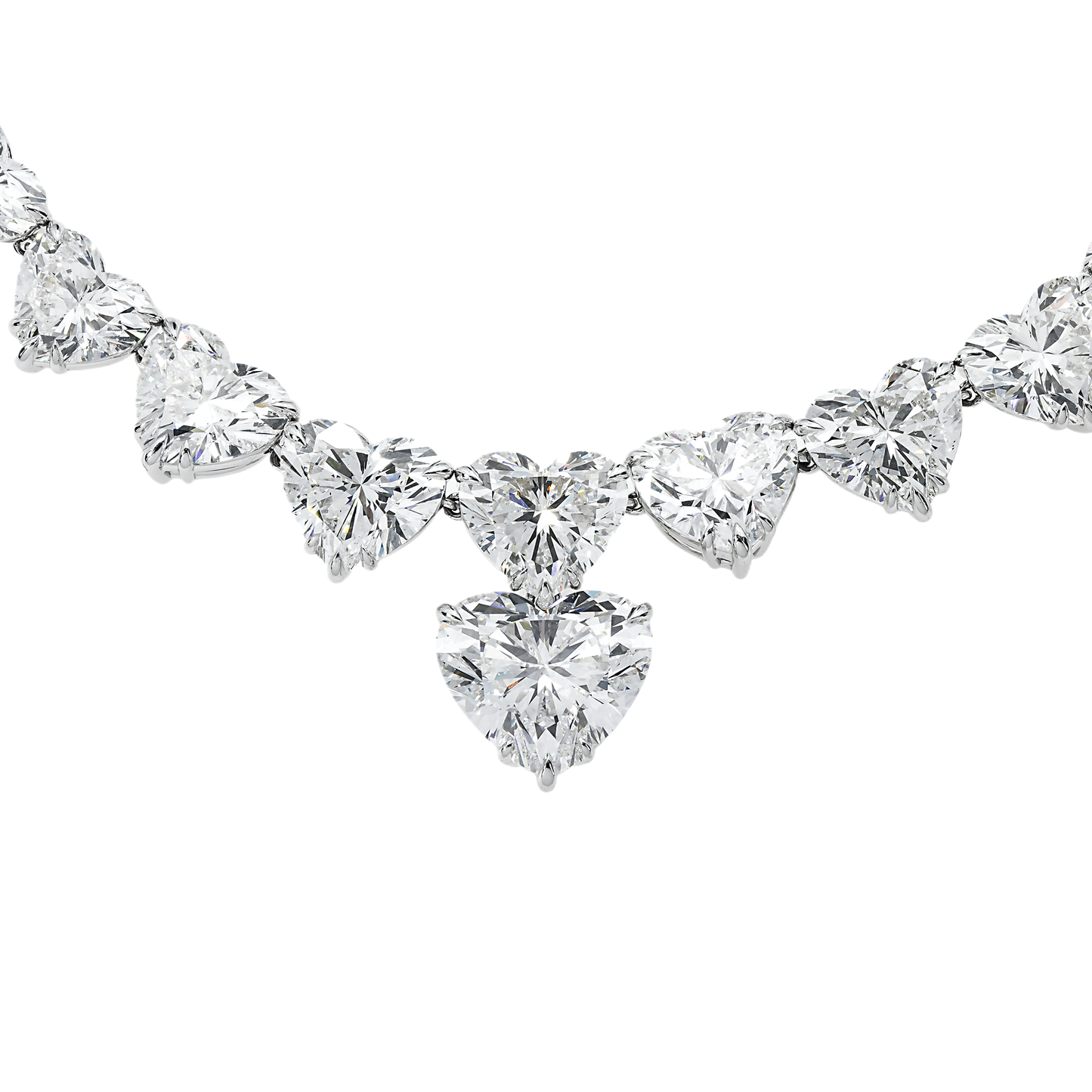 18K White Gold Graduated Full Heart Cut Diamond Drop Necklace 102.30ct