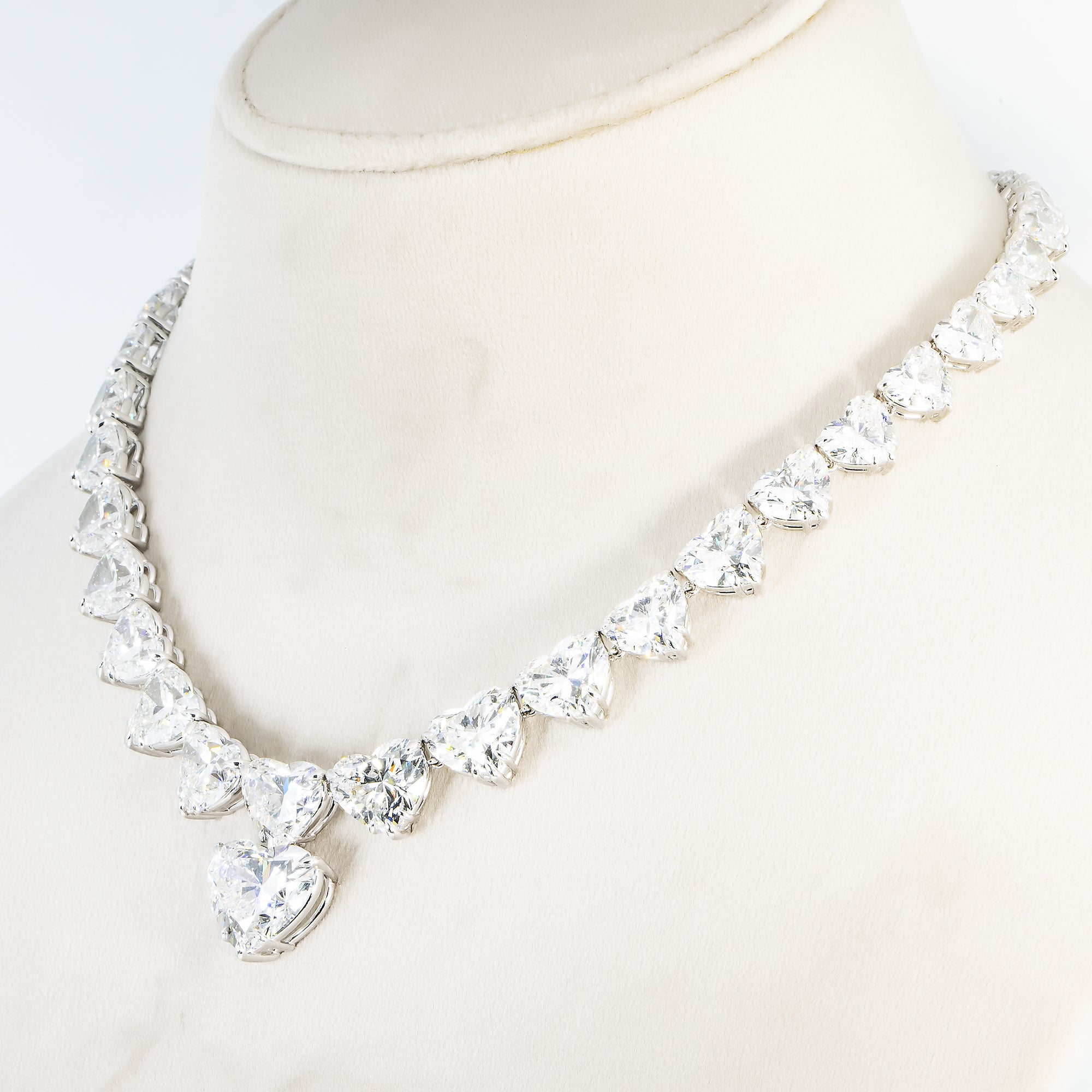 18K White Gold Graduated Full Heart Cut Diamond Drop Necklace 102.30Ct Necklace