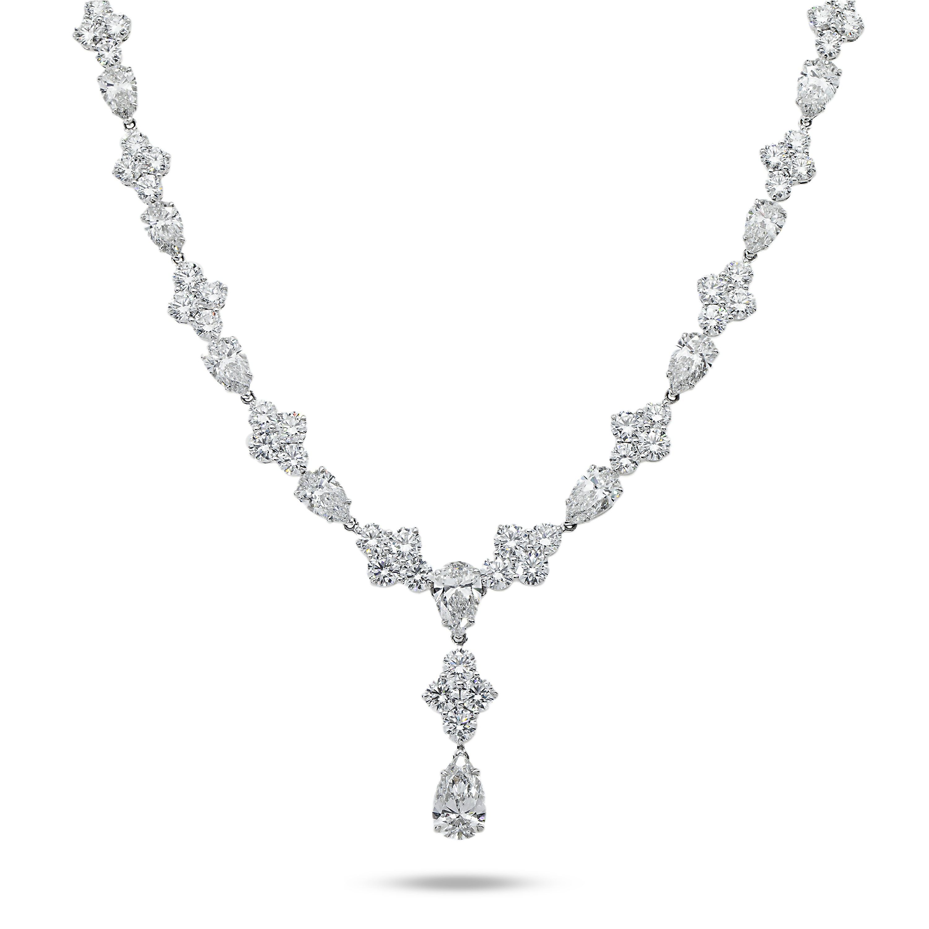 18K White Gold Round & Pear Cut Diamond Drop Necklace 52.43Ct Necklace