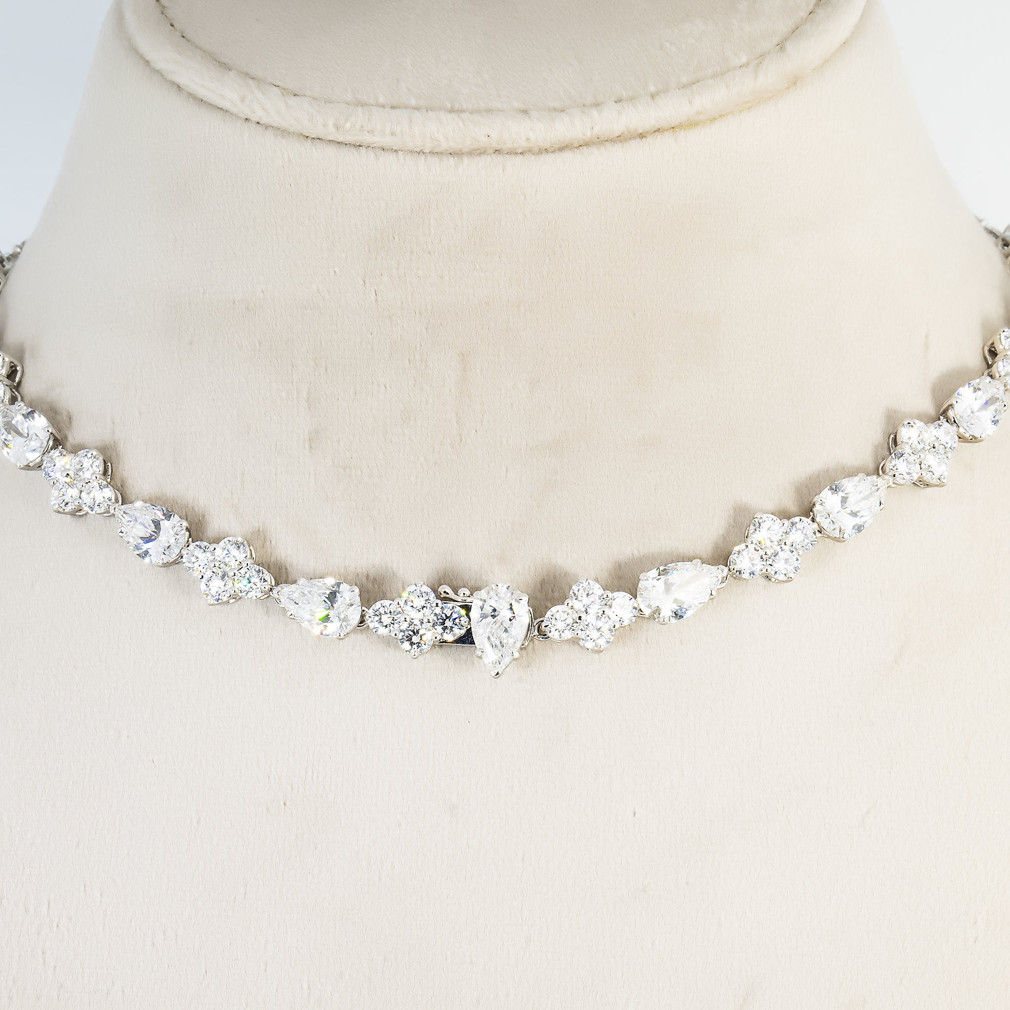 18K White Gold Round & Pear Cut Diamond Drop Necklace 52.43Ct Necklace