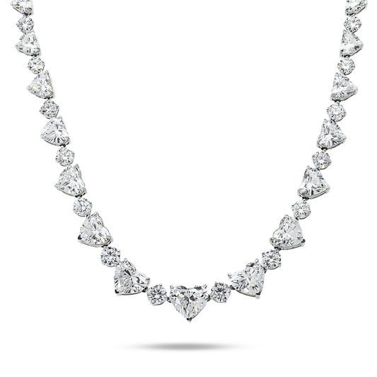 IGI 14K White Gold Graduated Heart & Round Cut Diamond Necklace 61.30ct