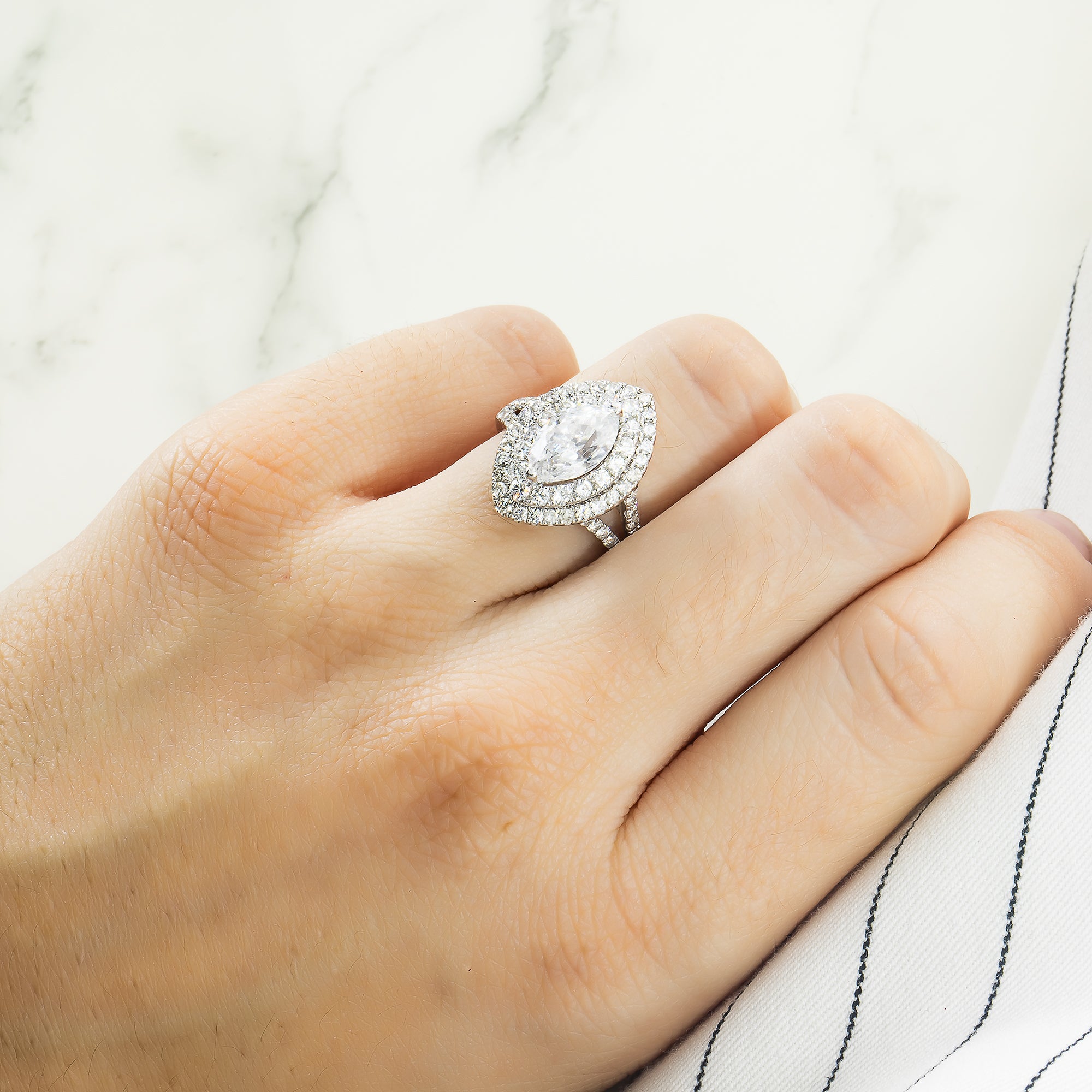 14K White Gold 2.01Ct Marquise Cut Diamond Engagement Ring 3.13Ctw Bridal