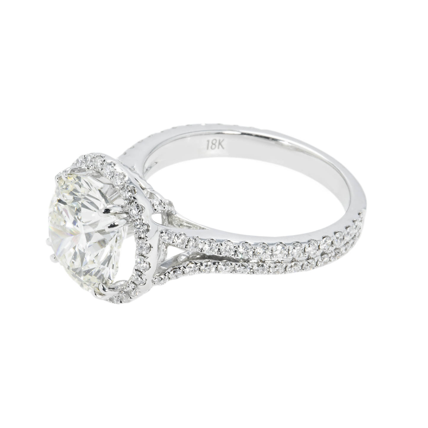 18K White Gold 3.28ct Round Cut Diamond Engagement Ring W/ Halo 4.08ctw