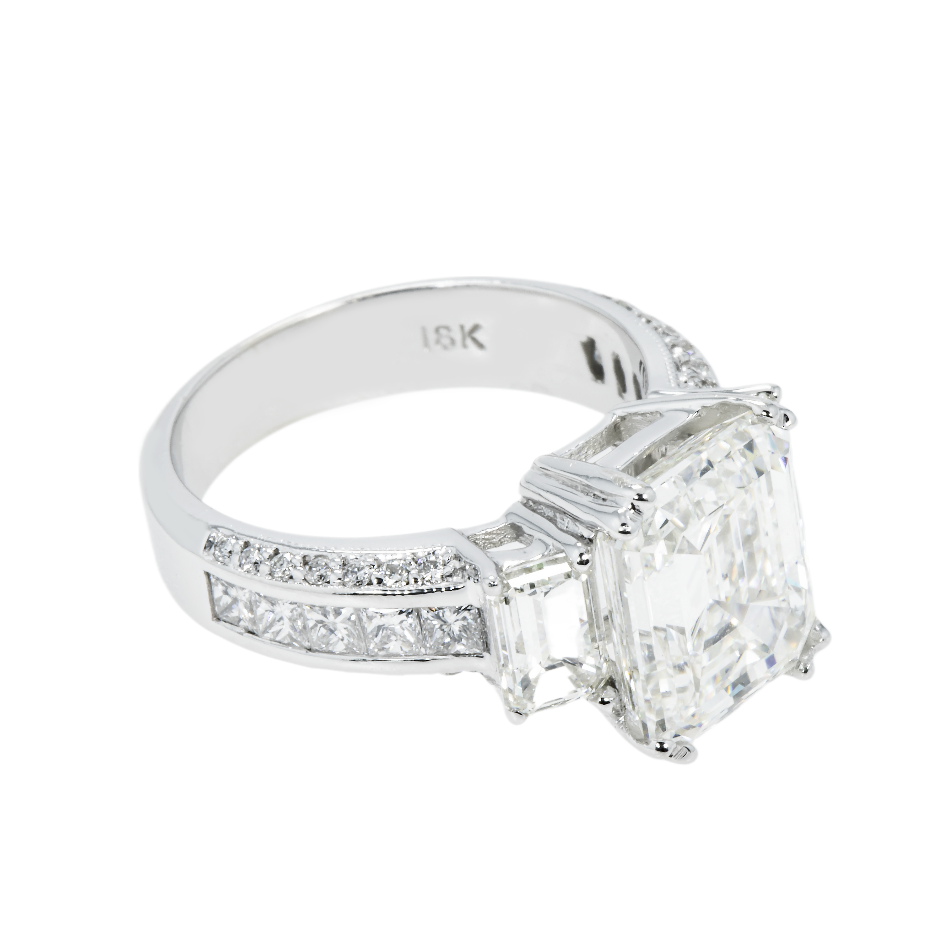 Gia 18K White Gold 5.11Ct Triple Emerald Cut Diamond Engagement Ring 7.09Ctw Bridal