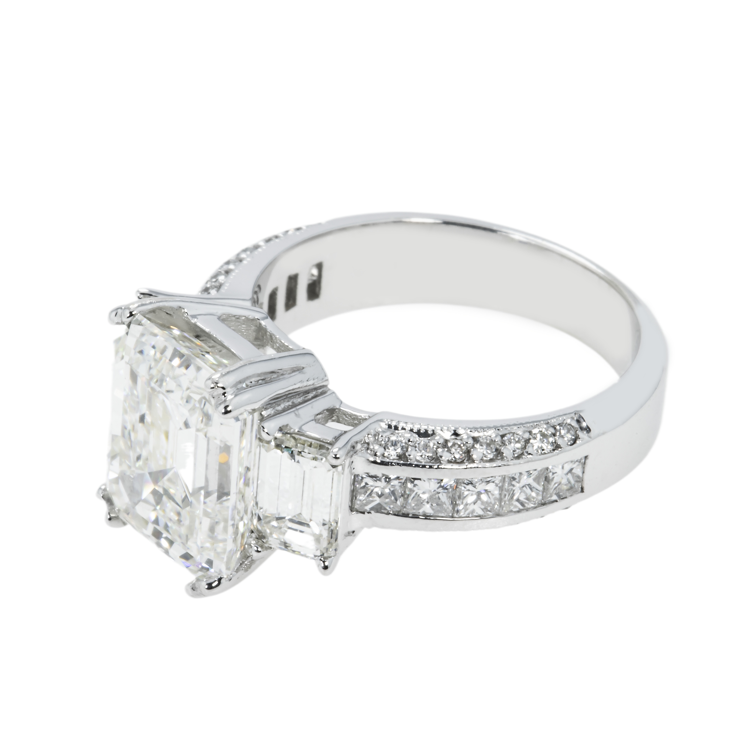 Gia 18K White Gold 5.11Ct Triple Emerald Cut Diamond Engagement Ring 7.09Ctw Bridal