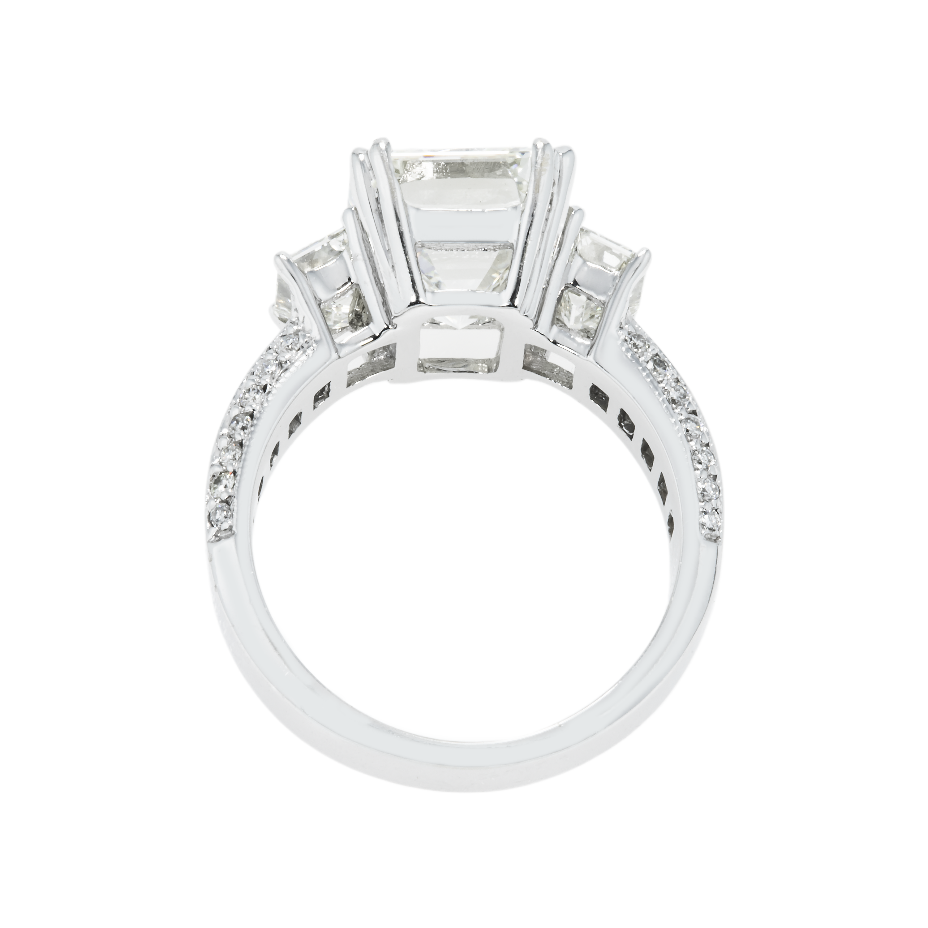 Gia 18K White Gold 5.11Ct Triple Emerald Cut Diamond Engagement Ring 7.09Ctw Bridal