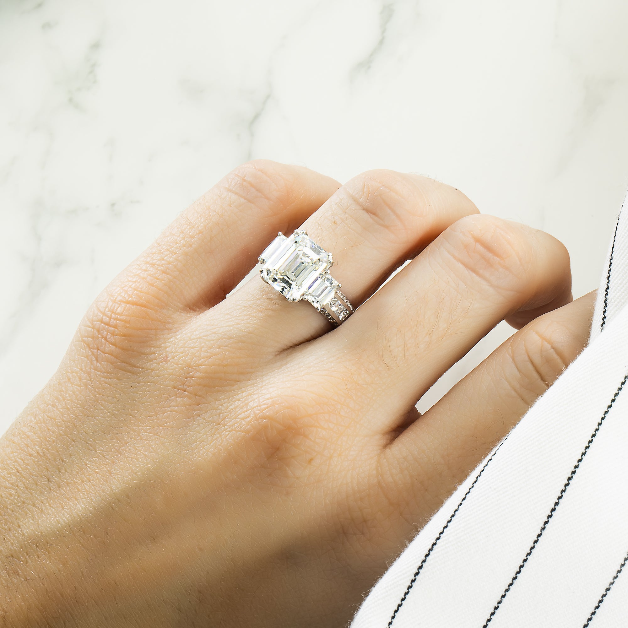 Gia 18K White Gold 5.11Ct Triple Emerald Cut Diamond Engagement Ring 7.09Ctw Bridal