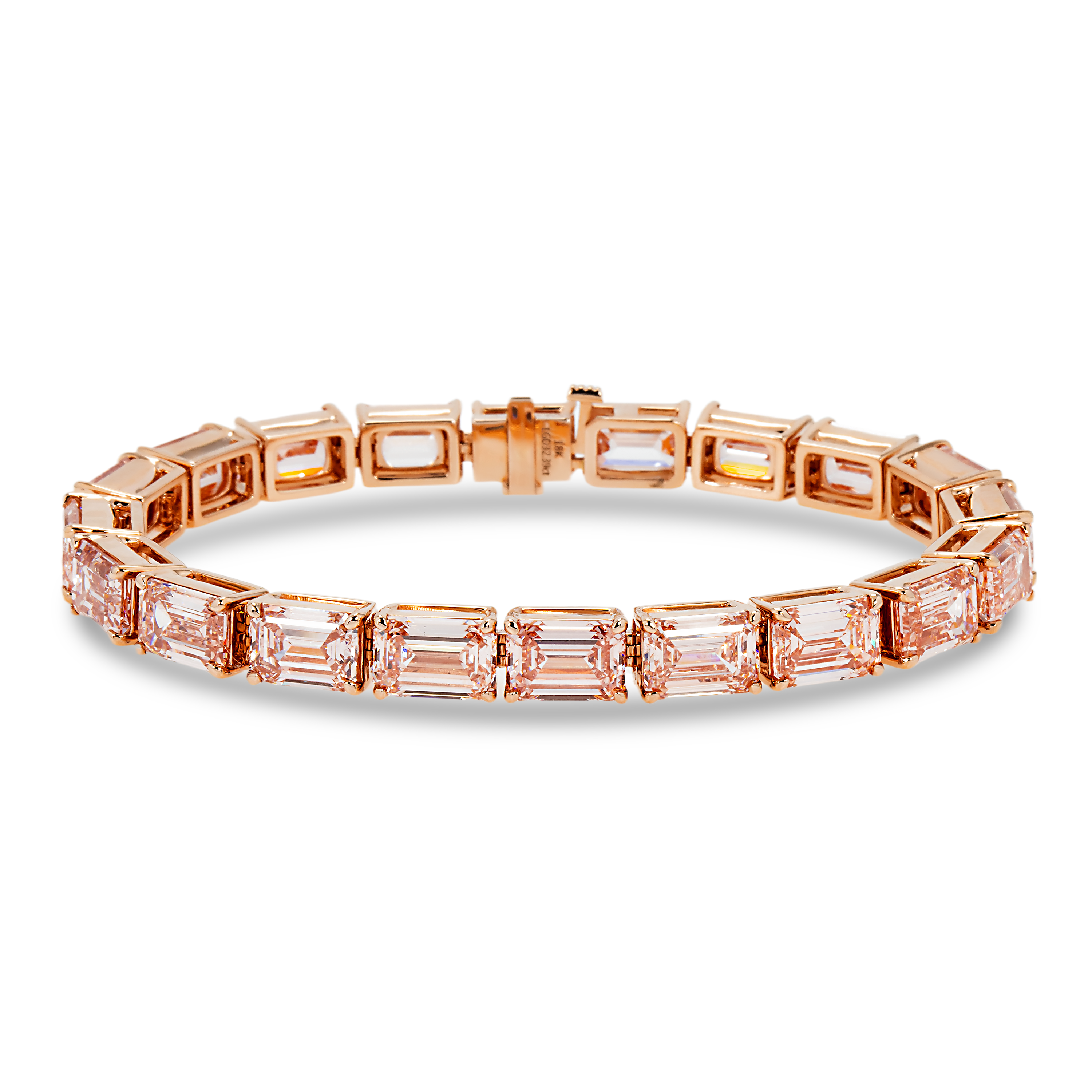 18K Rose Gold Emerald Cut Fancy Pink Diamond Tennis Bracelet 32.39Ct Bracelets