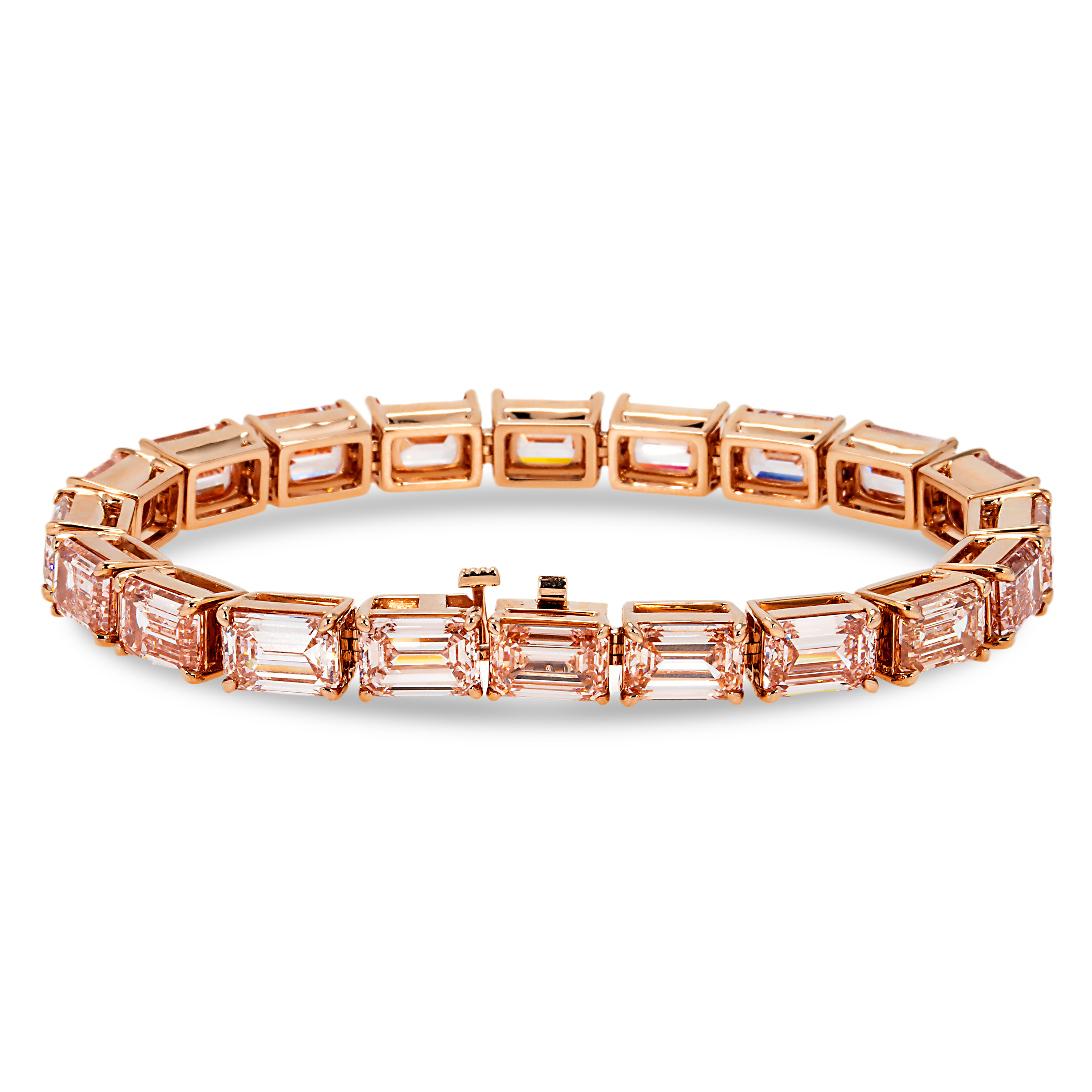 18K Rose Gold Emerald Cut Fancy Pink Diamond Tennis Bracelet 32.39Ct Bracelets