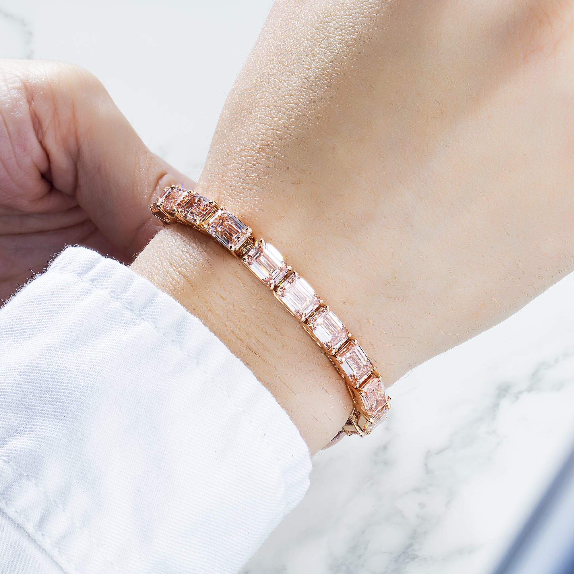 18K Rose Gold Emerald Cut Fancy Pink Diamond Tennis Bracelet 32.39Ct Bracelets