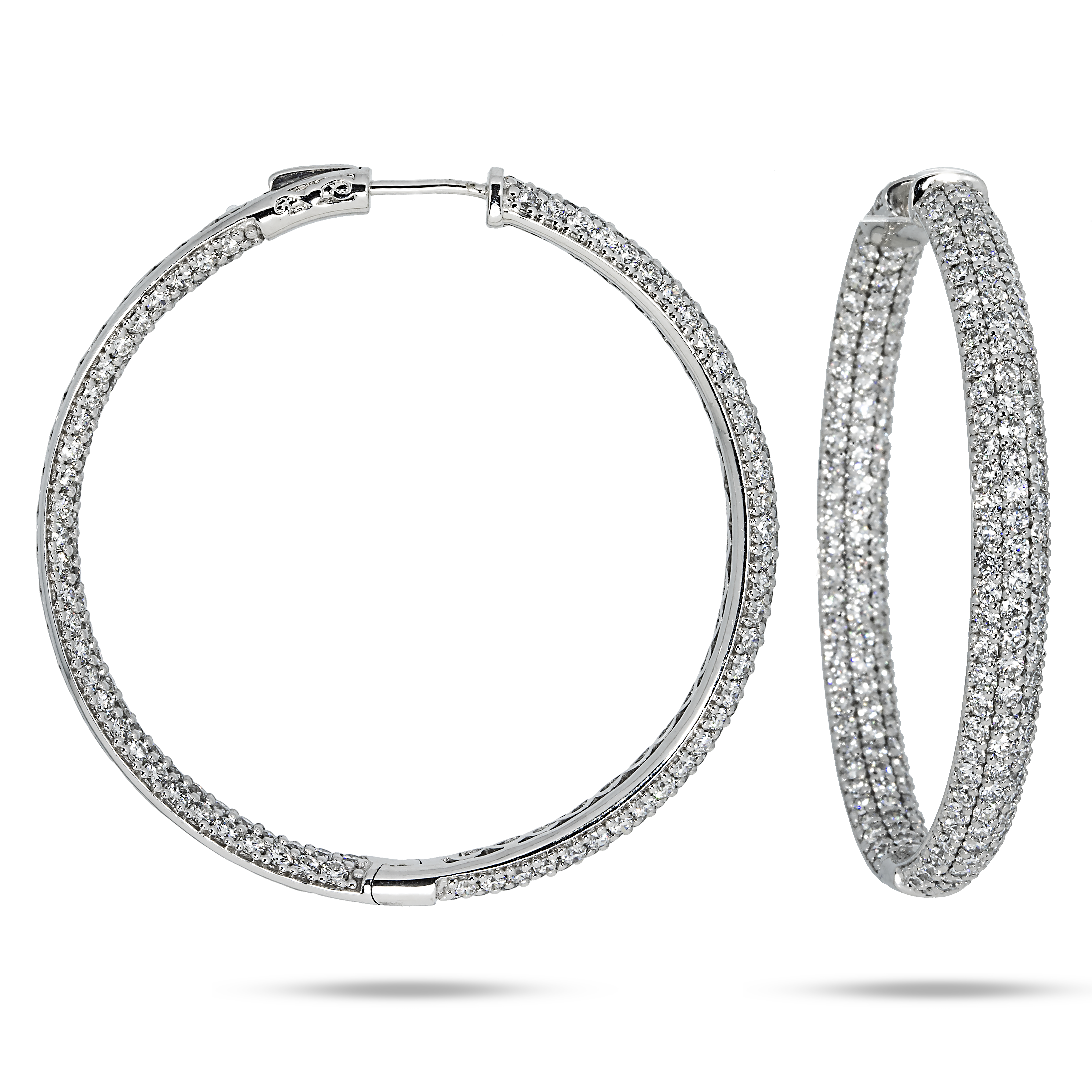 14K White Gold Triple Row Round Diamond Inside Out Hoop Earrings 10.0Ctw