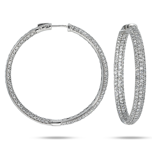 14K White Gold Triple Row Round Diamond Inside Out Hoop Earrings 10.0Ctw