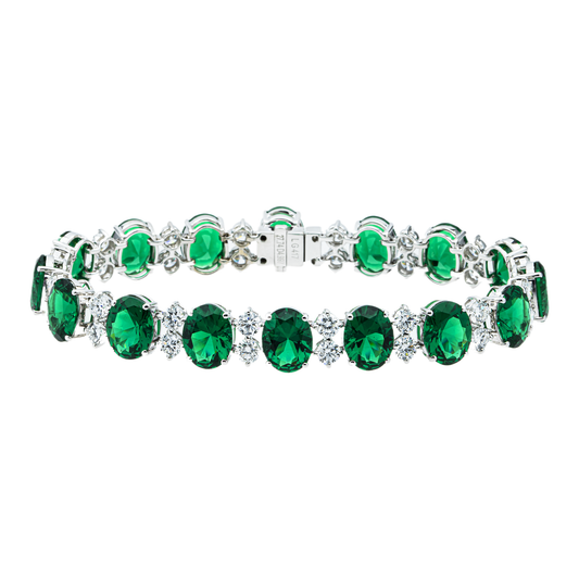 White Gold Oval Cut Emerald & Round Diamond Bracelet 32.74ct