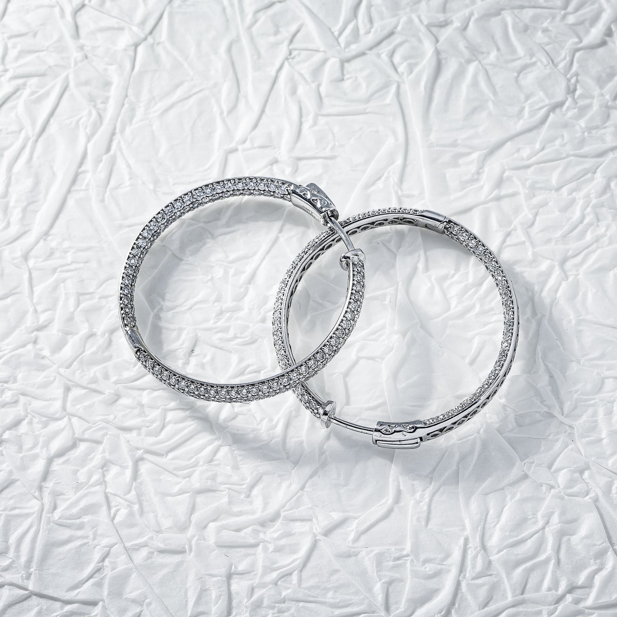 14K White Gold Triple Row Round Diamond Inside Out Hoop Earrings 4.0Ctw