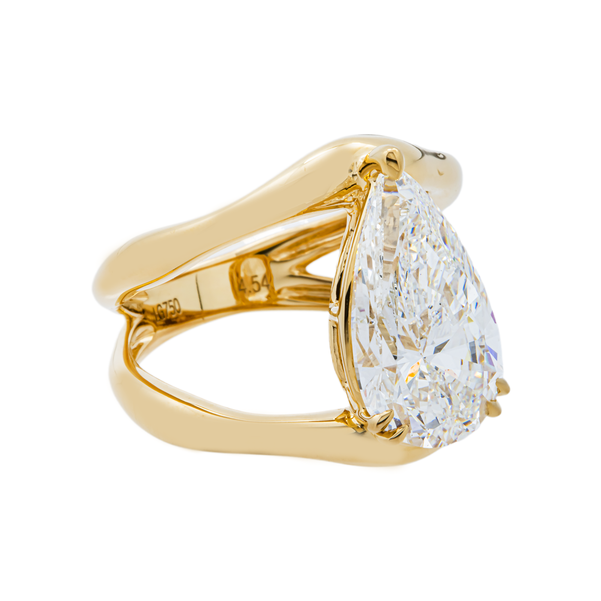 18K Yellow Gold Solitaire Pear Diamond Split Shank Ring 4.54ct
