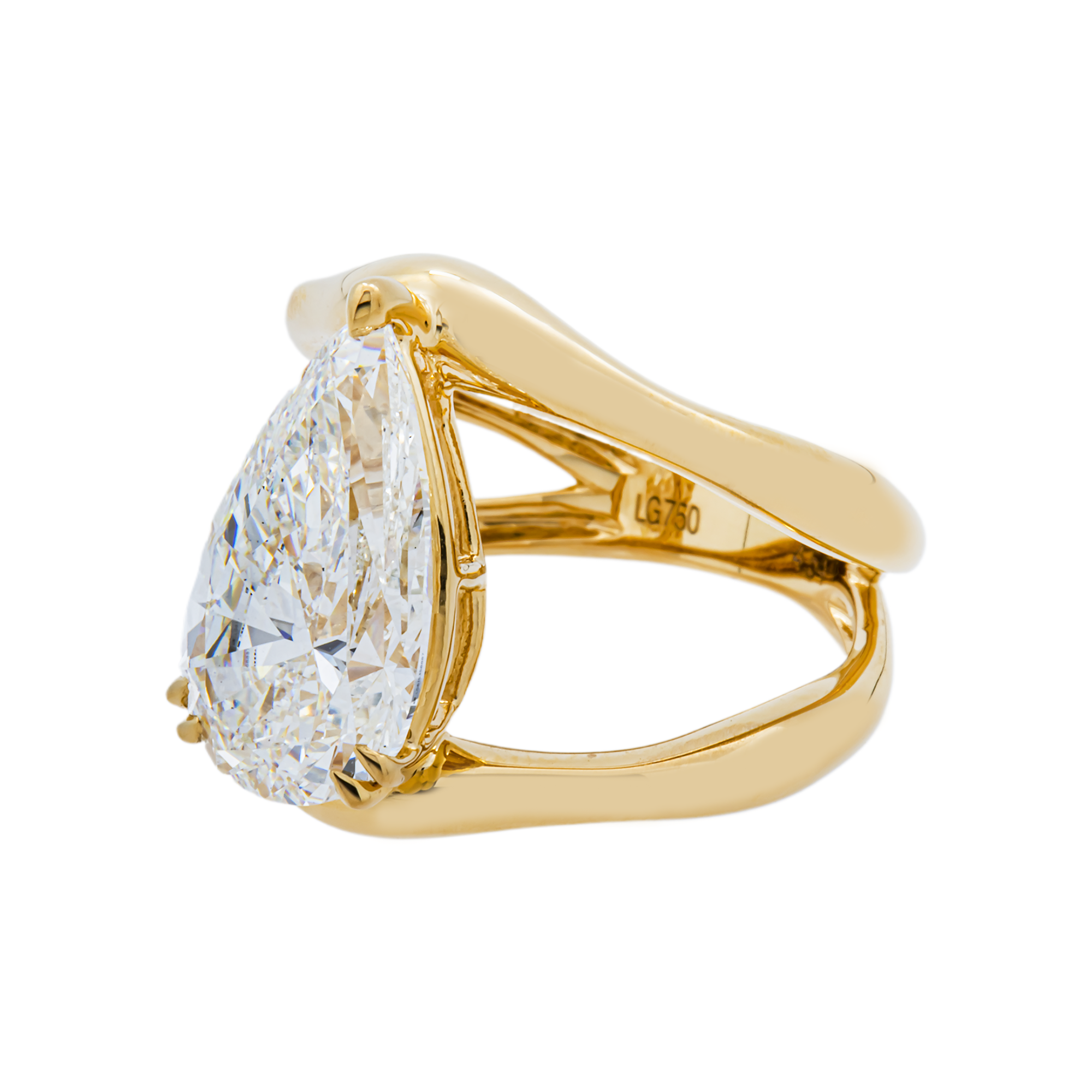 18K Yellow Gold Solitaire Pear Diamond Split Shank Ring 4.54ct