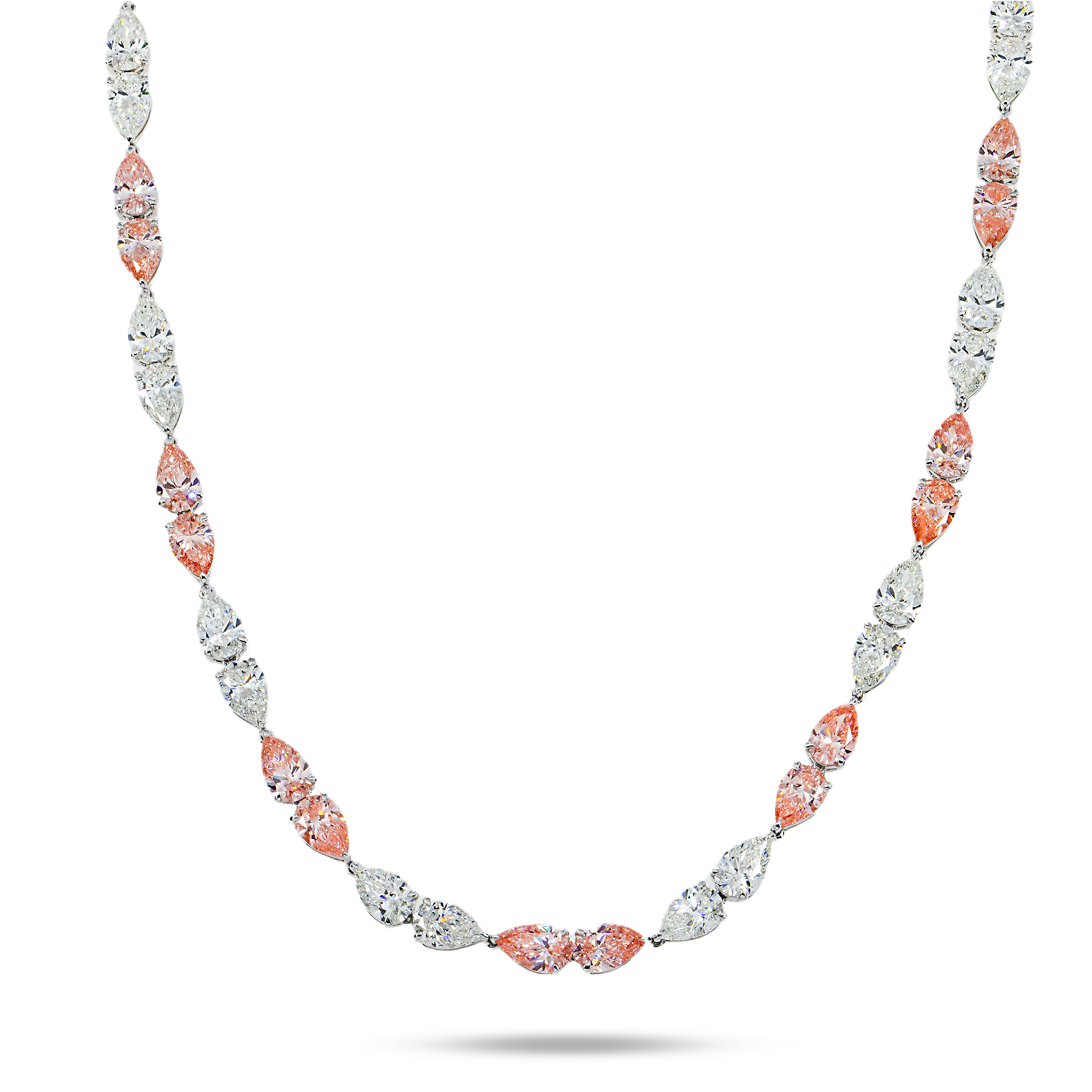 18K White Gold Pear Cut & Fancy Pink Diamond Necklace 36.46Ct Necklace