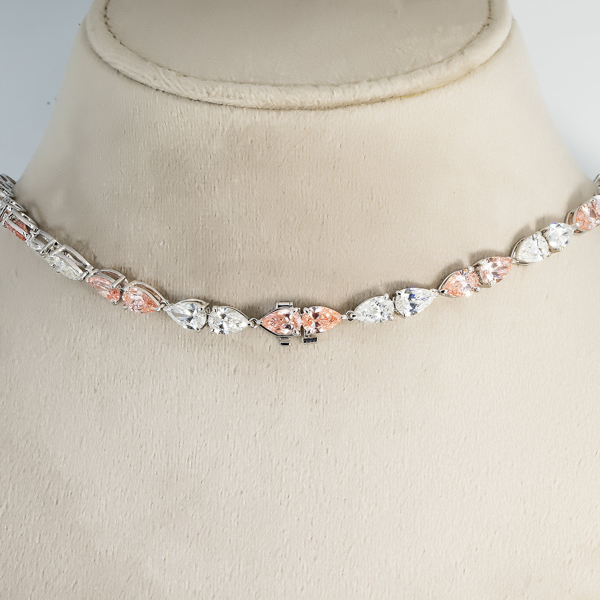 18K White Gold Pear Cut & Fancy Pink Diamond Necklace 36.46Ct Necklace