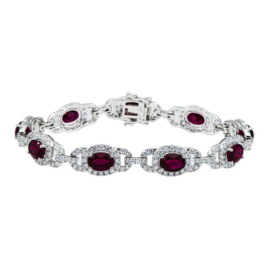 White Gold Oval Cut Ruby & Round Diamond Bracelet 13.96ct