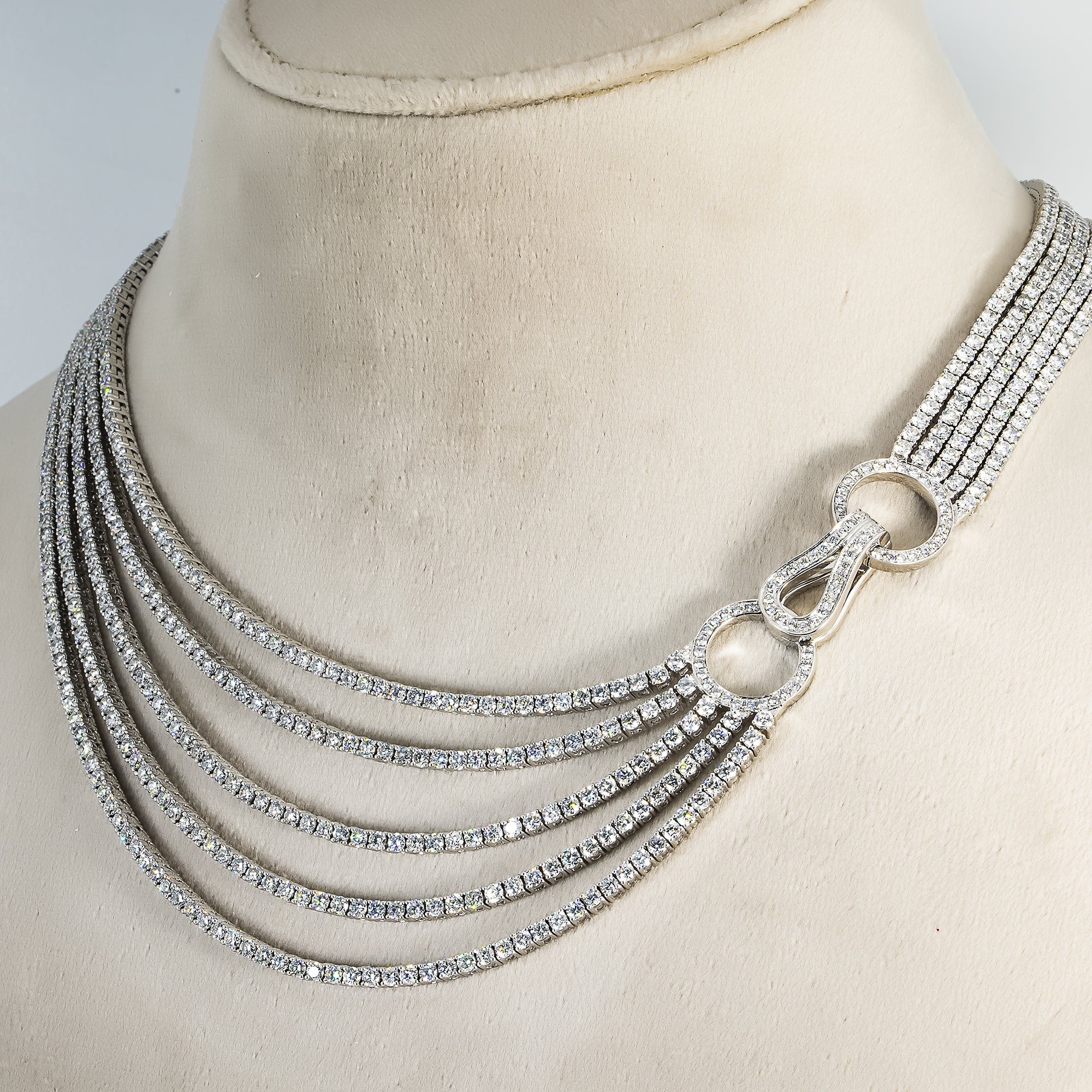 18K White Gold Five Layer Round Diamond Necklace W/ Unique Clasp 35.49Ct Necklace