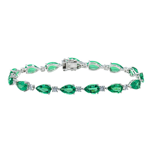 White Gold Pear Cut Emerald & Round Diamond Bracelet 14.0ct