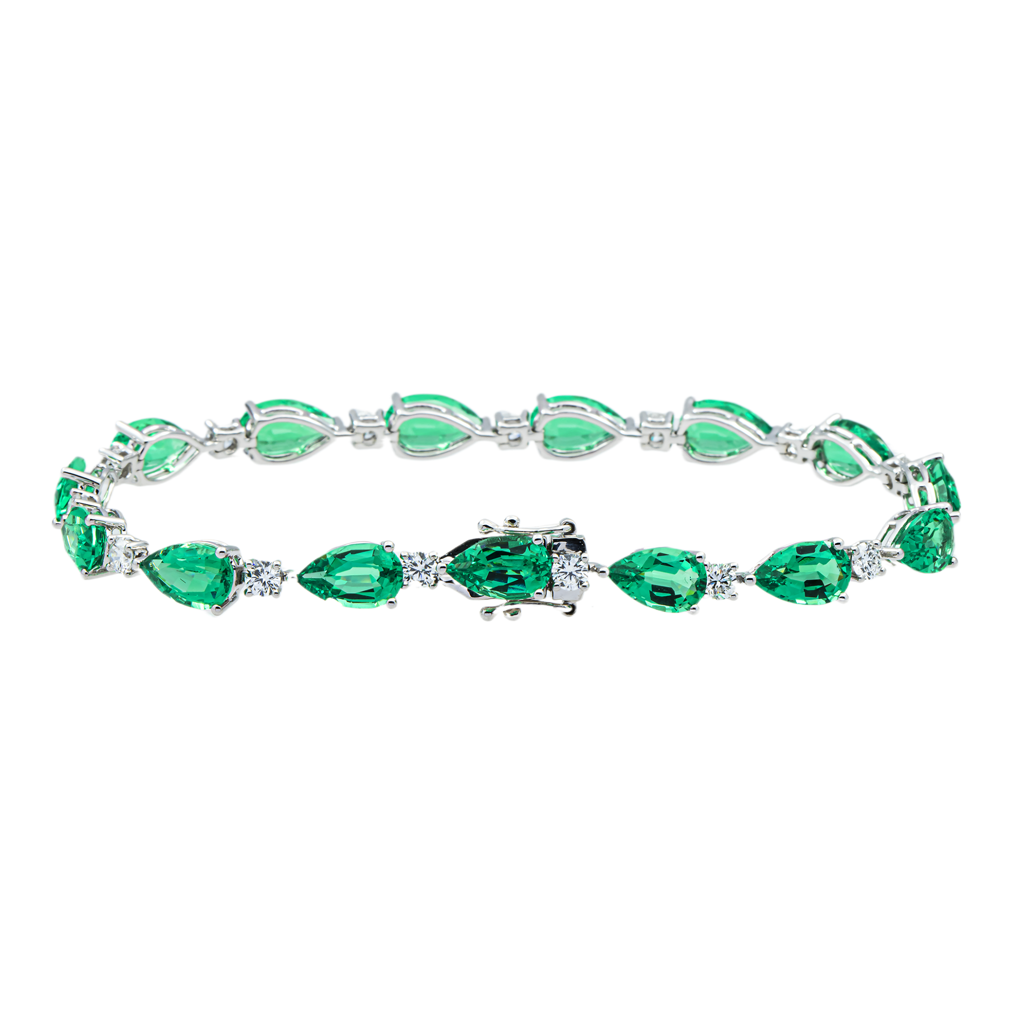 White Gold Pear Cut Emerald & Round Diamond Bracelet 14.0ct