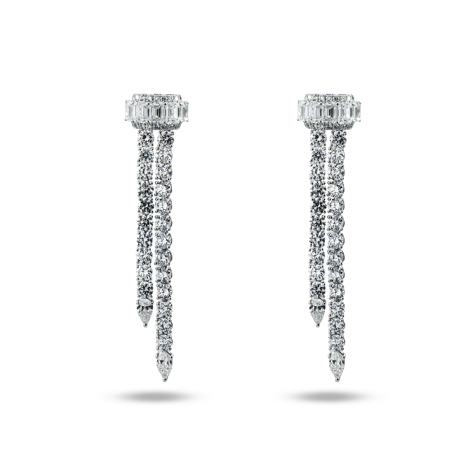 White Gold Emerald Cut & Round Diamond Drop Earrings 10.35ctw