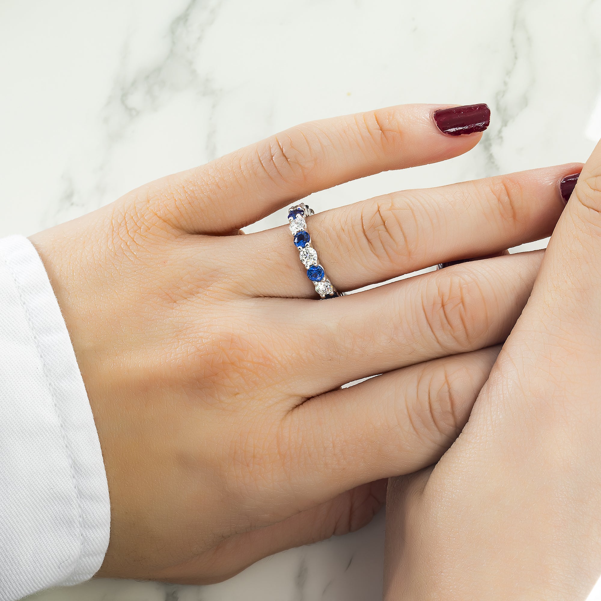 14K White Gold Round Sapphire & Diamond Eternity Ring 3.73Ctw (Size 6-8) Rings